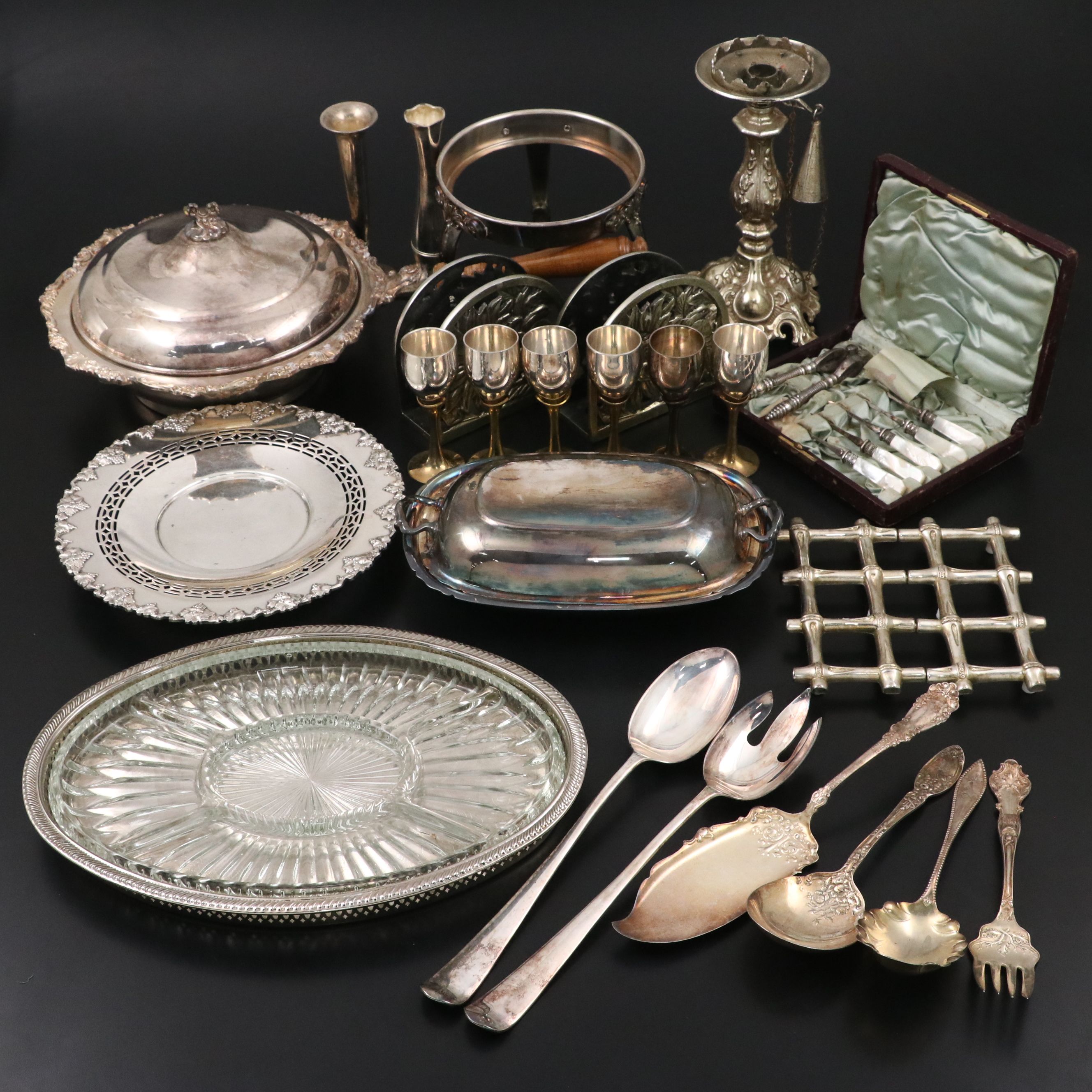 Victorian Style MOP Handled Nut Picks with Other Silver Plate Tableware