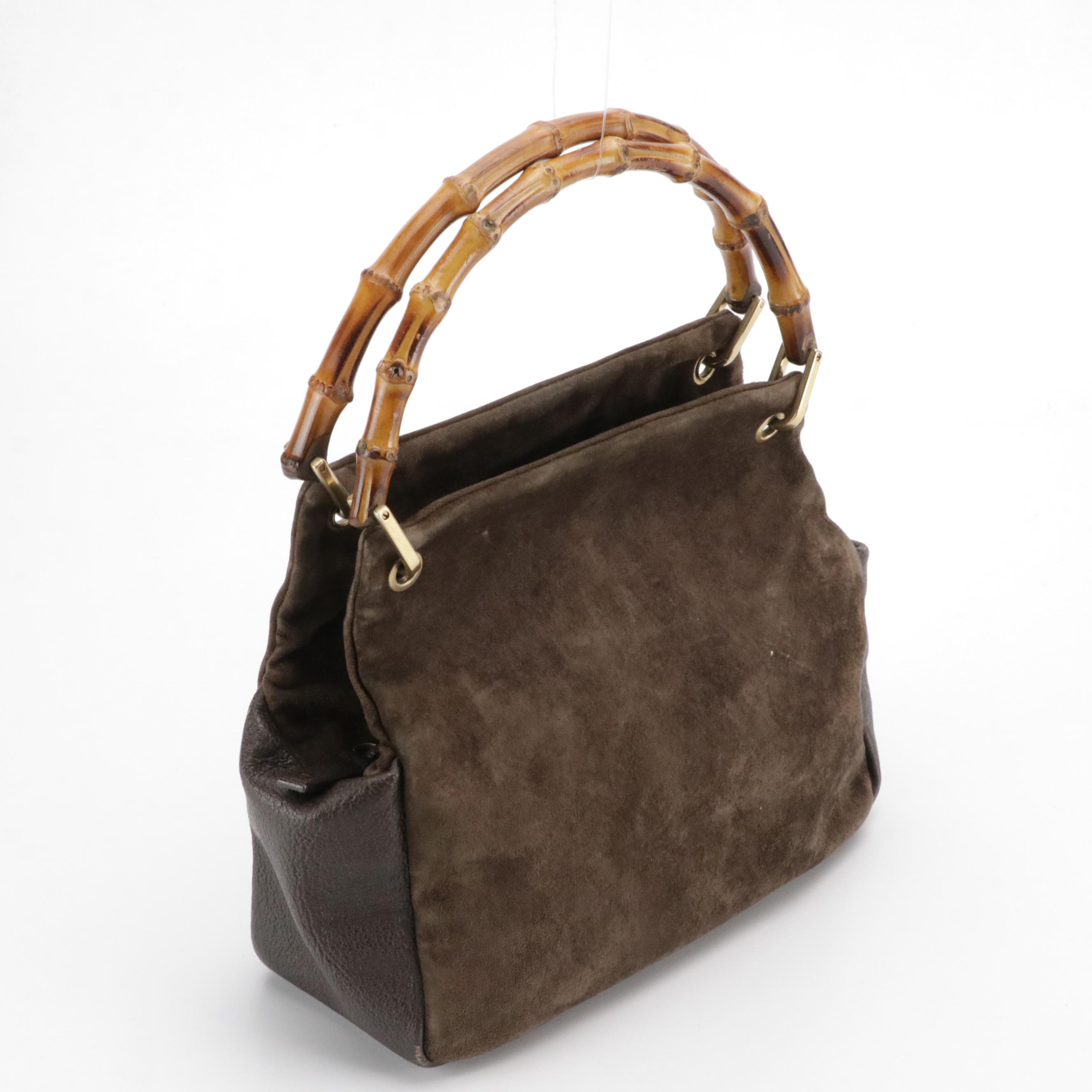 Gucci Bamboo Handle Zip Shoulder Bag in Brown Leather and Suede