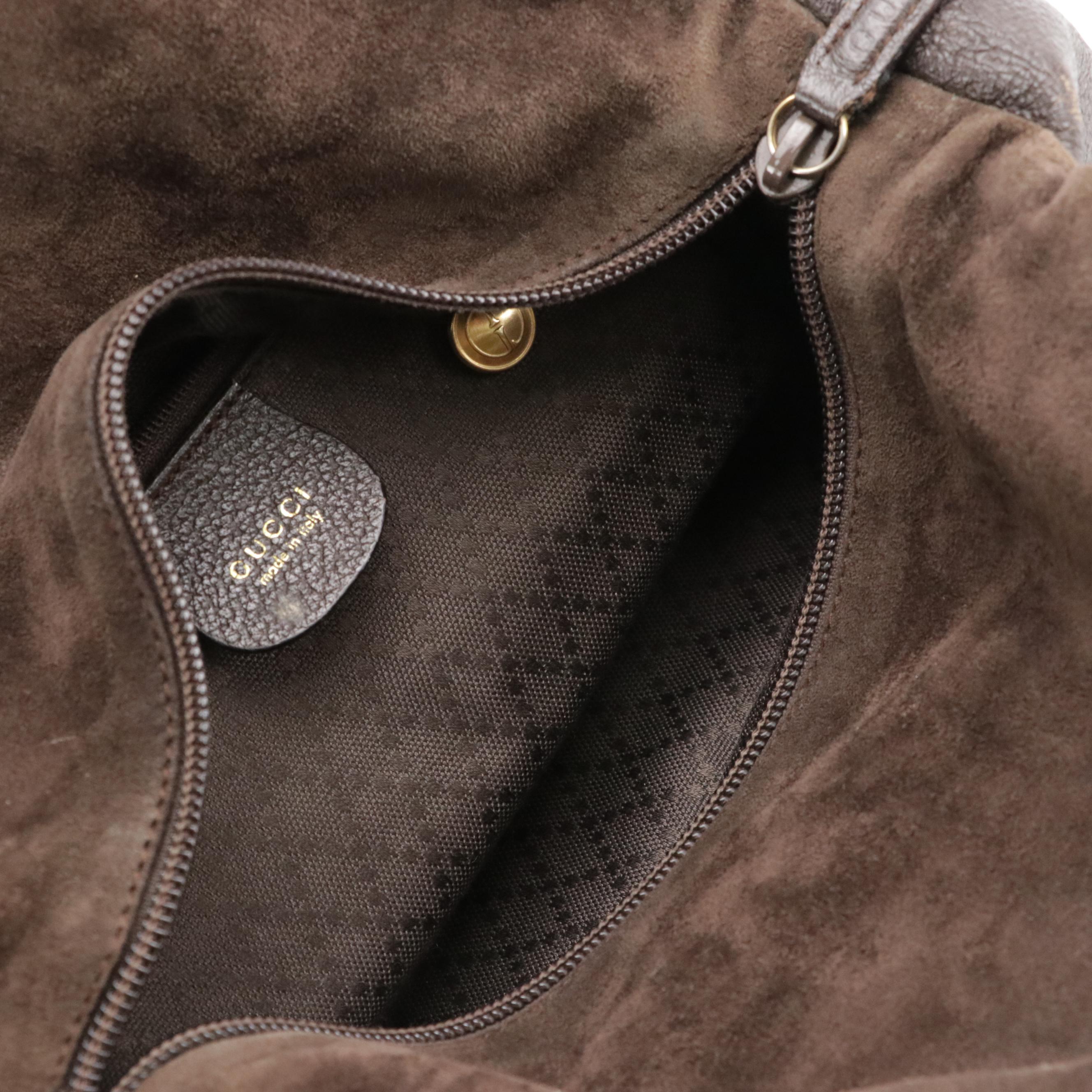 Gucci Bamboo Handle Zip Shoulder Bag in Brown Leather and Suede