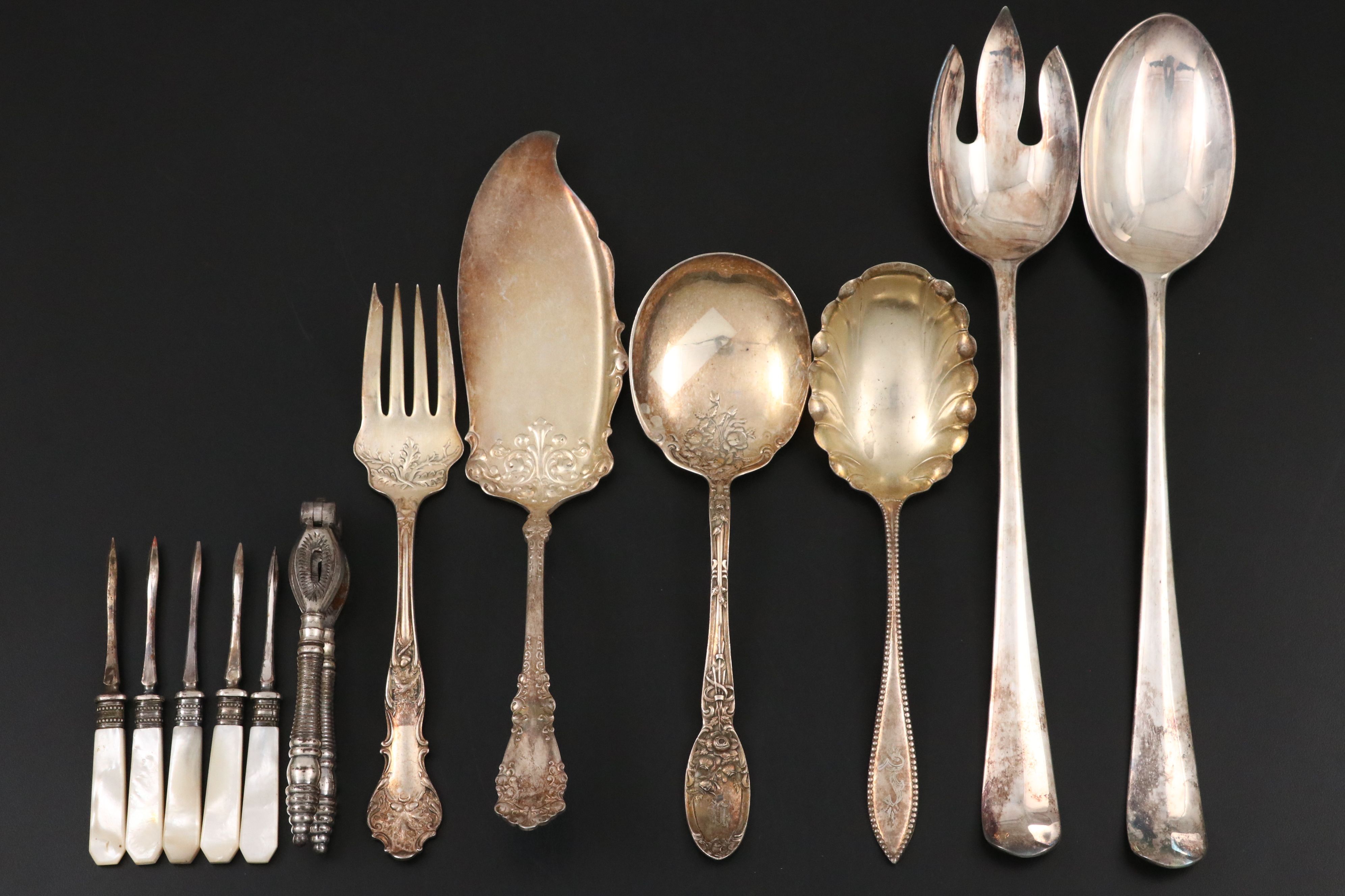 Victorian Style MOP Handled Nut Picks with Other Silver Plate Tableware