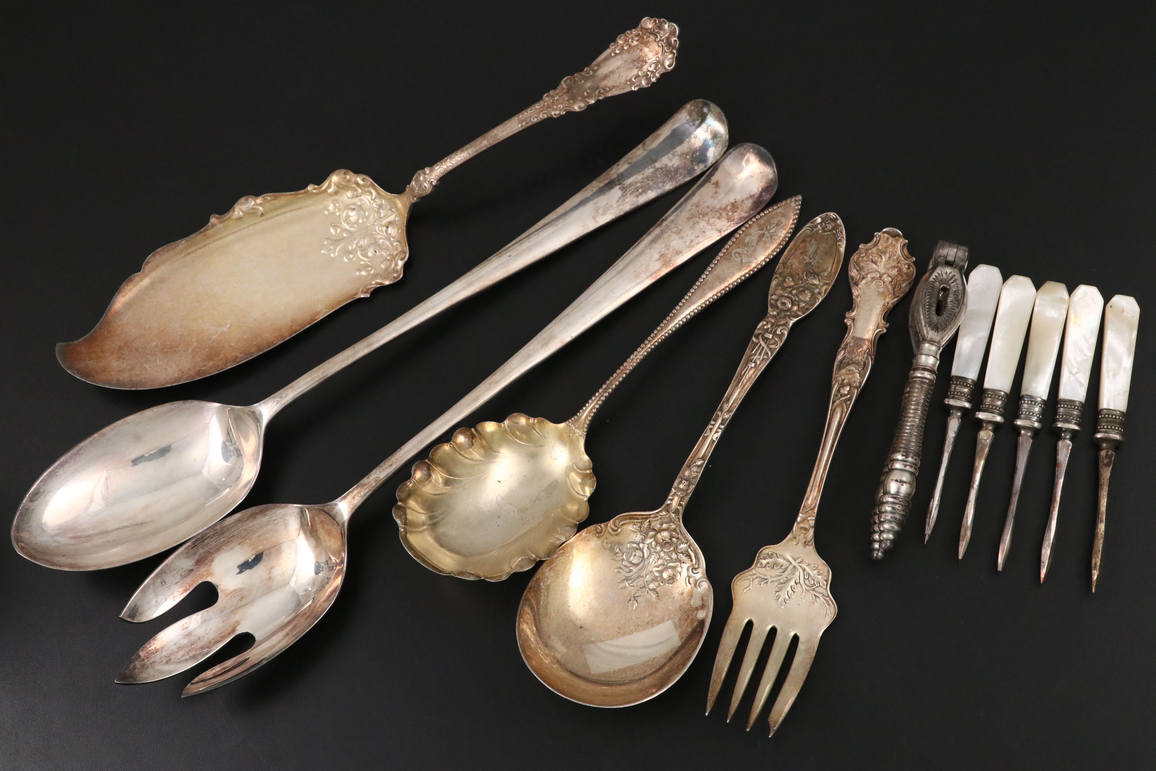 Victorian Style MOP Handled Nut Picks with Other Silver Plate Tableware