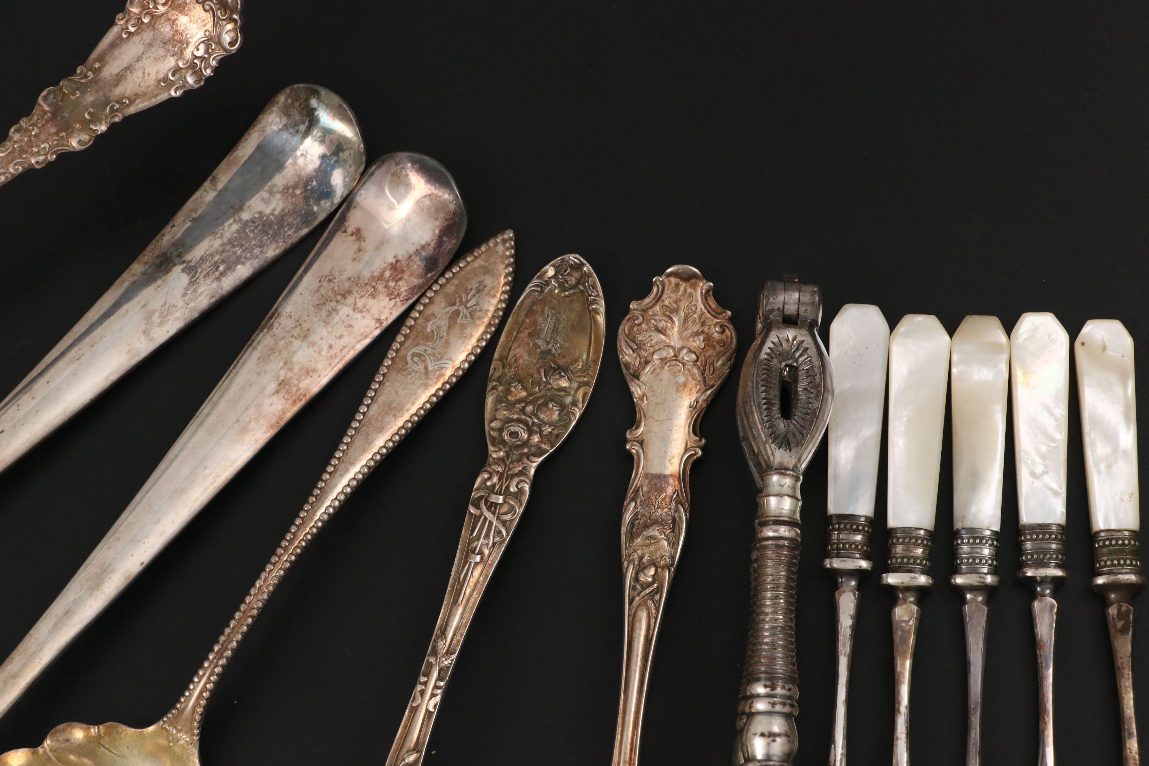 Victorian Style MOP Handled Nut Picks with Other Silver Plate Tableware