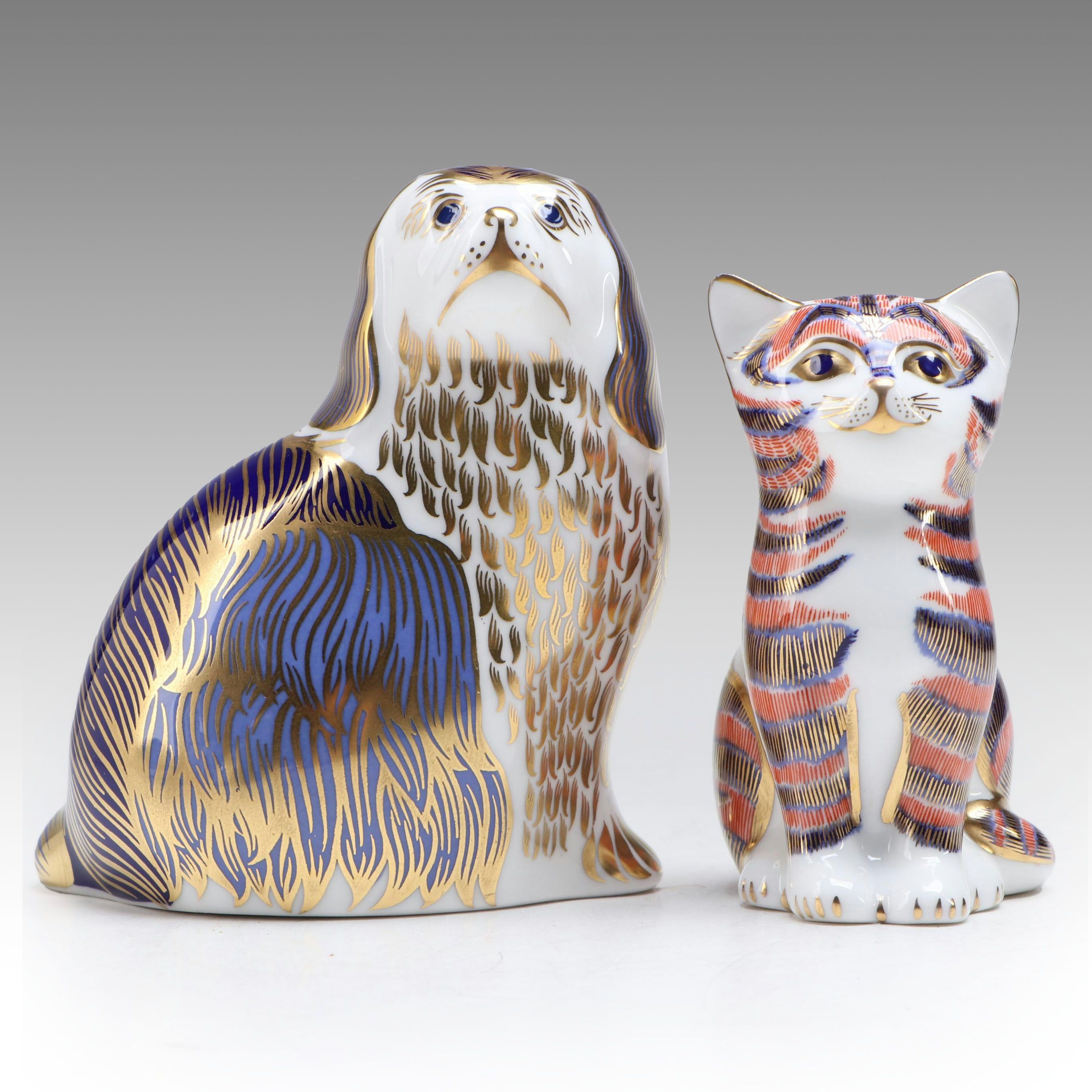 Royal Crown Derby Imari Bone China Spaniel and Cat Paperweights