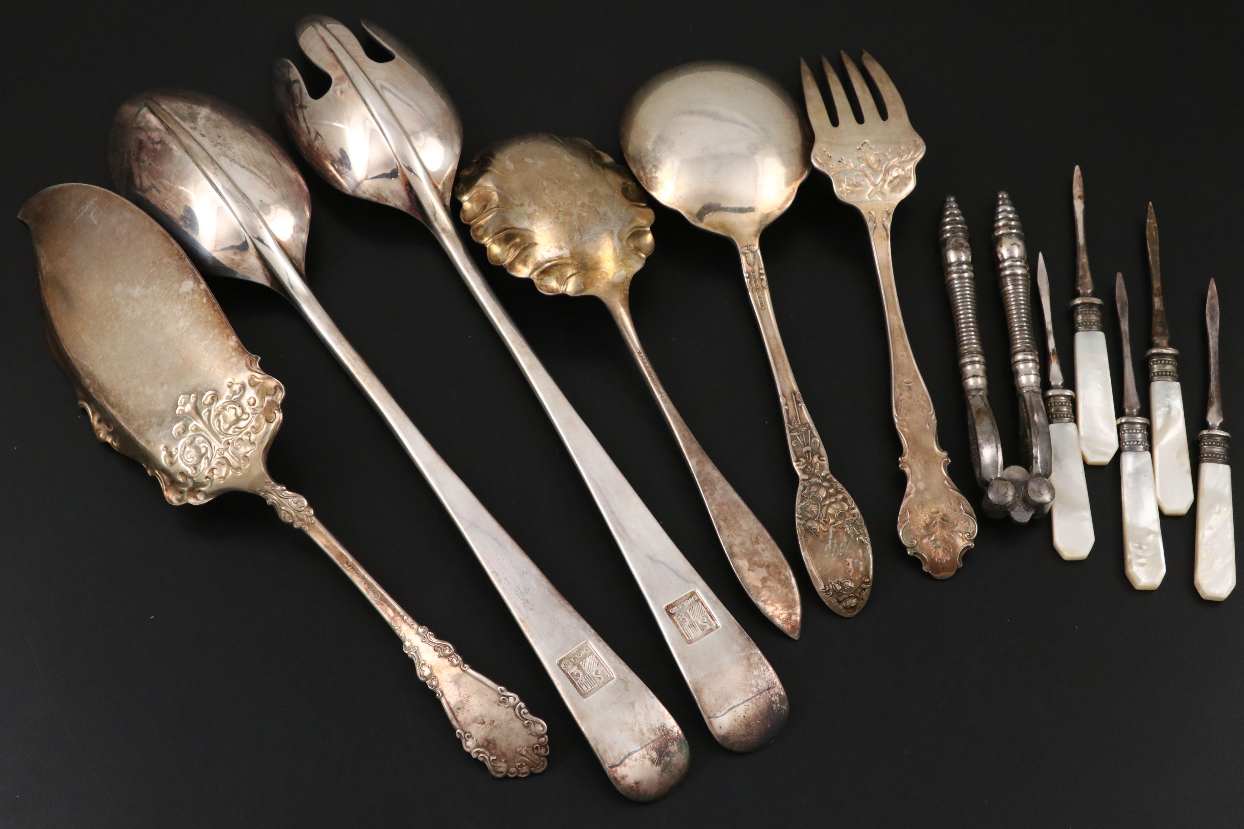 Victorian Style MOP Handled Nut Picks with Other Silver Plate Tableware