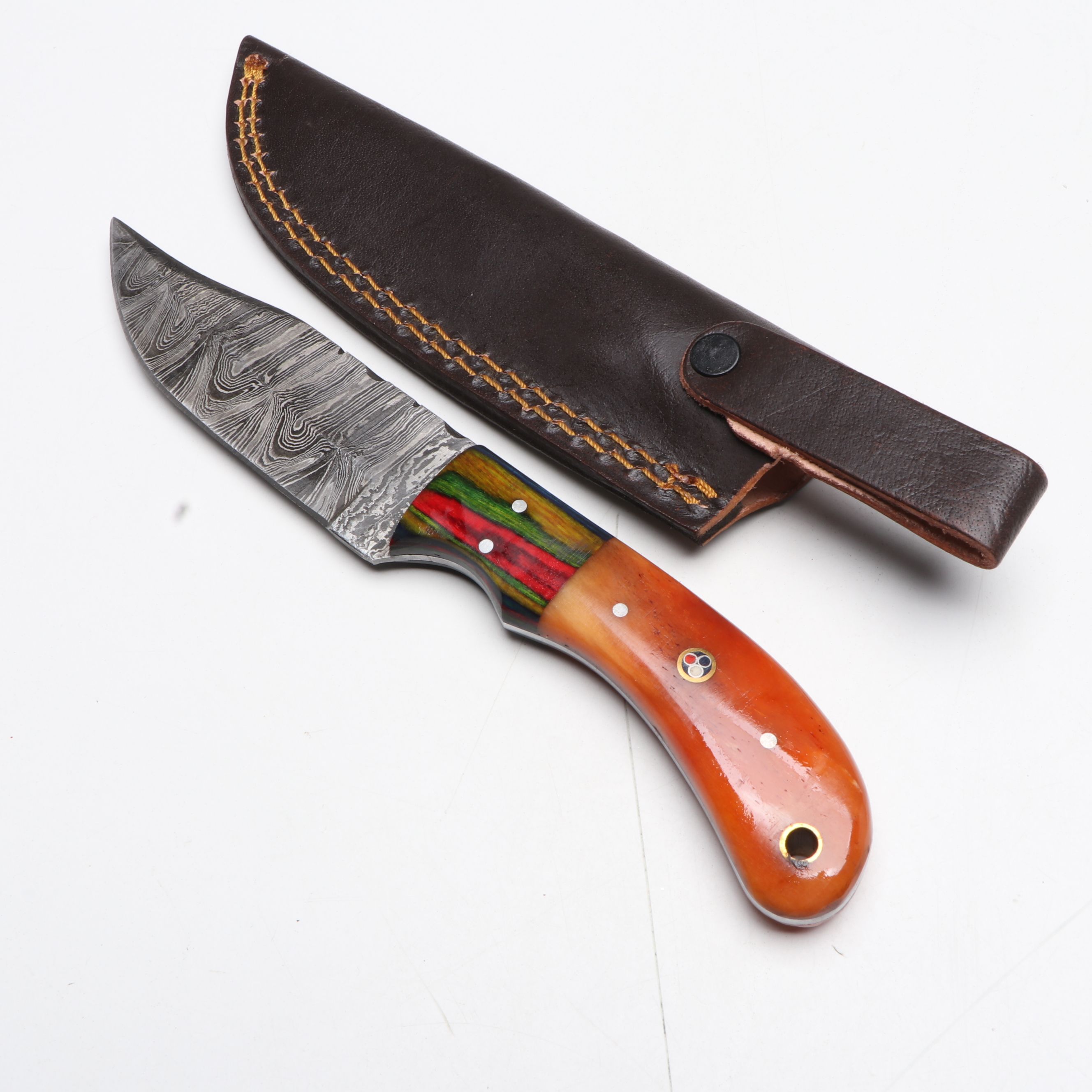 Damascus Steel Hunting Knives in Leather Scabbards