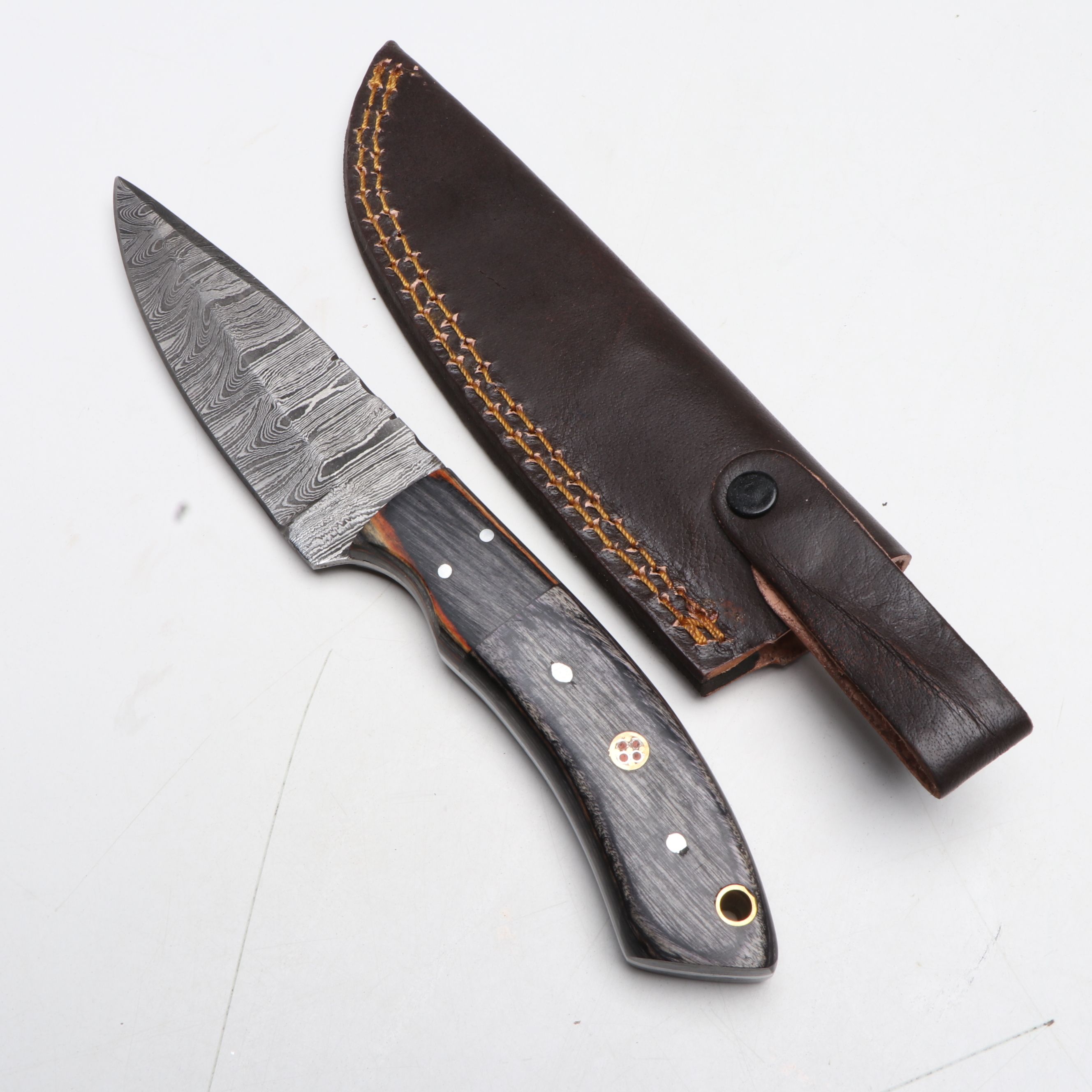 Damascus Steel Hunting Knives in Leather Scabbards