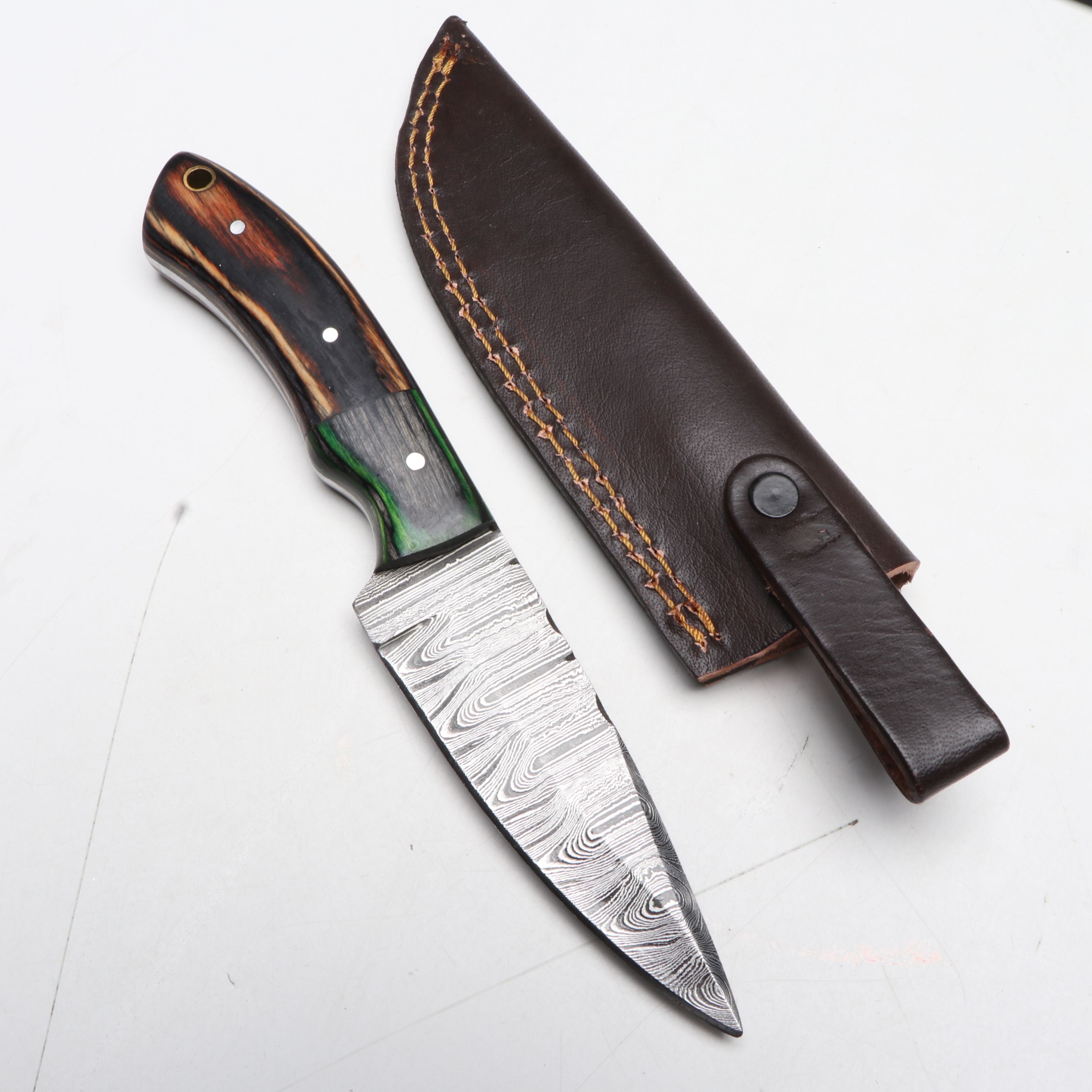 Damascus Steel Hunting Knives in Leather Scabbards