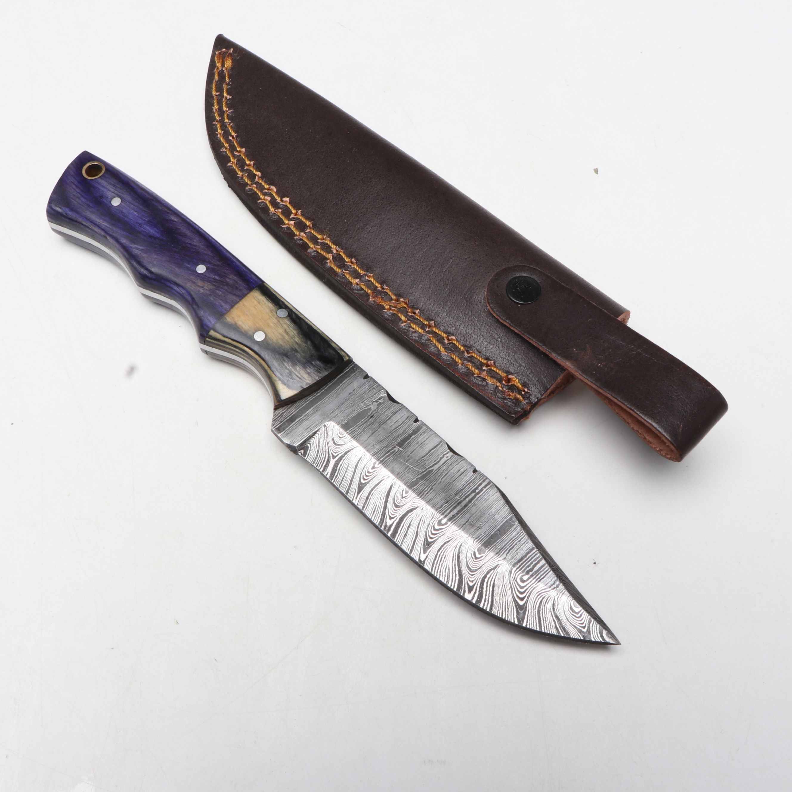 Damascus Steel Hunting Knives in Leather Scabbards