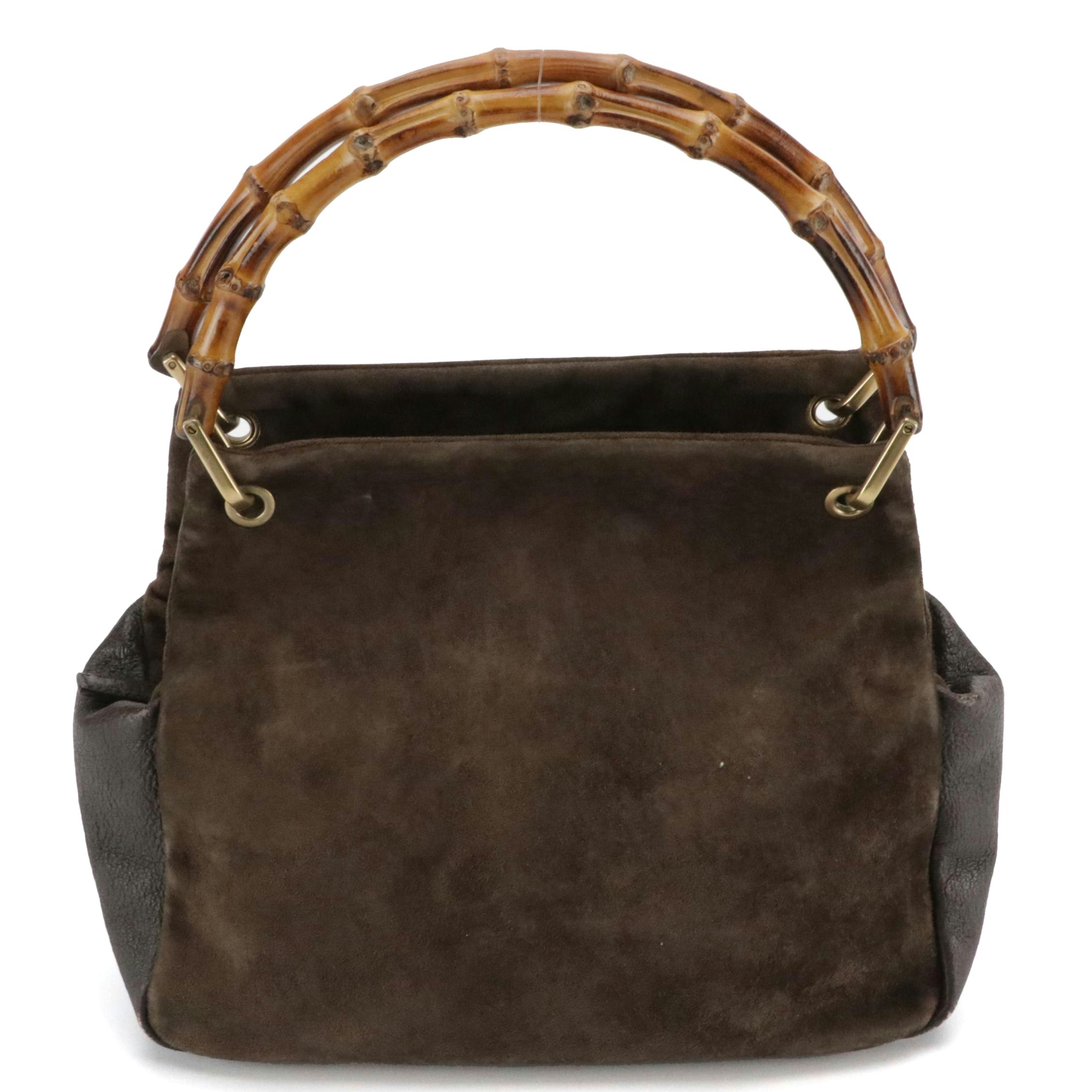 Gucci Bamboo Handle Zip Shoulder Bag in Brown Leather and Suede