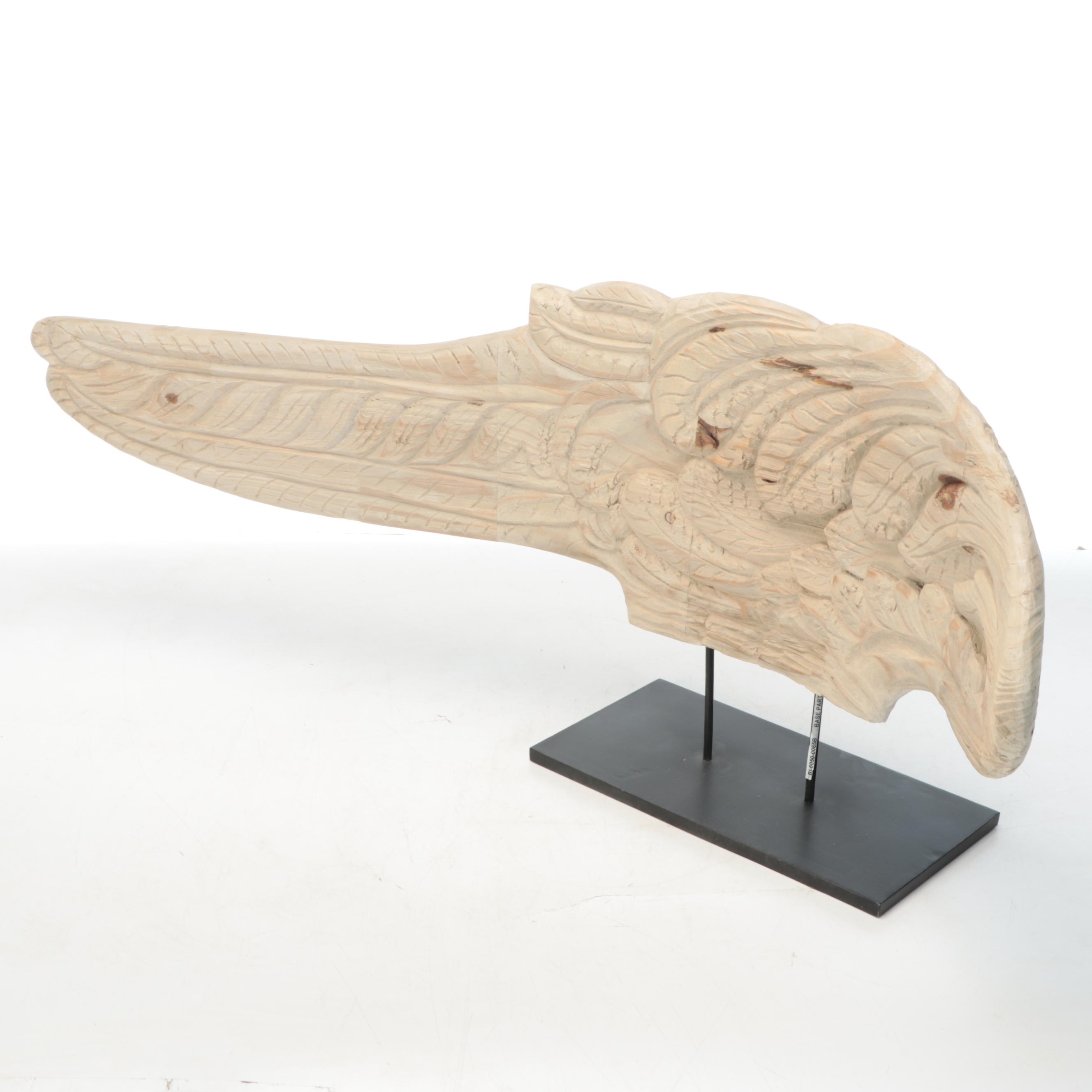 Rustic Style Carved Wood Angel Wing on Metal Base