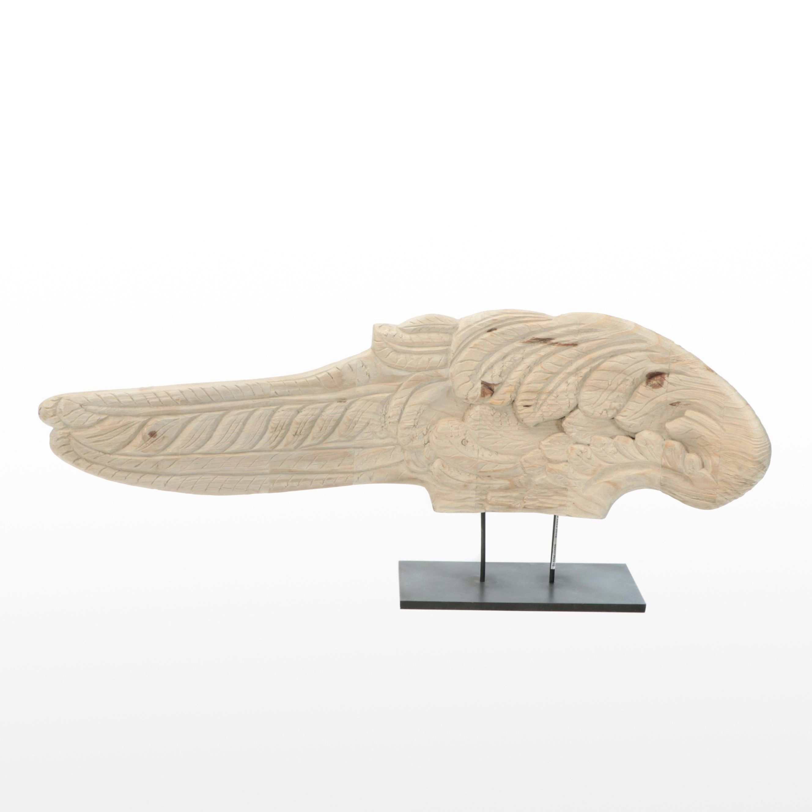 Rustic Style Carved Wood Angel Wing on Metal Base