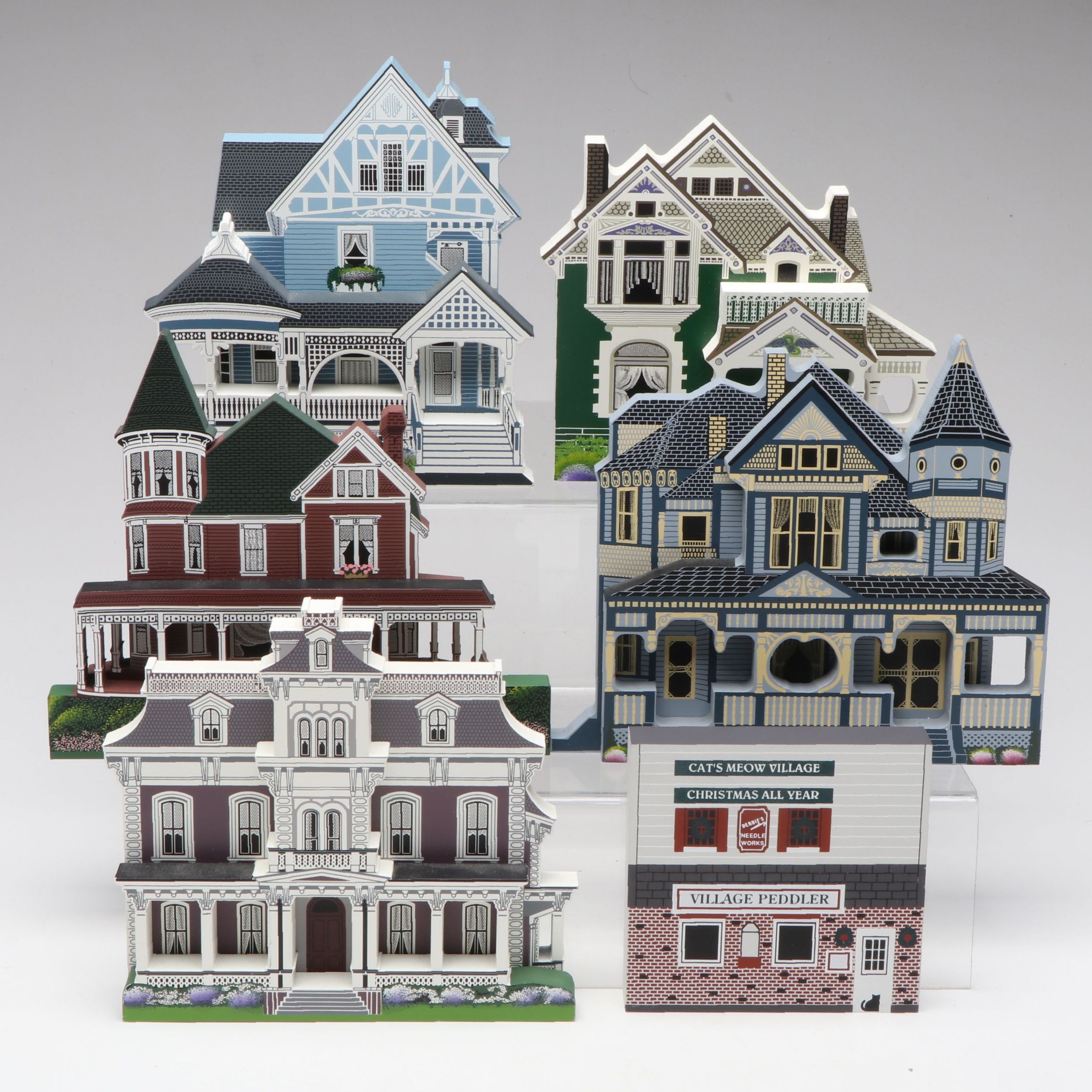 Cat's Meow "Village Peddler" with Shelia's "Ray House" and More Wood Buildings
