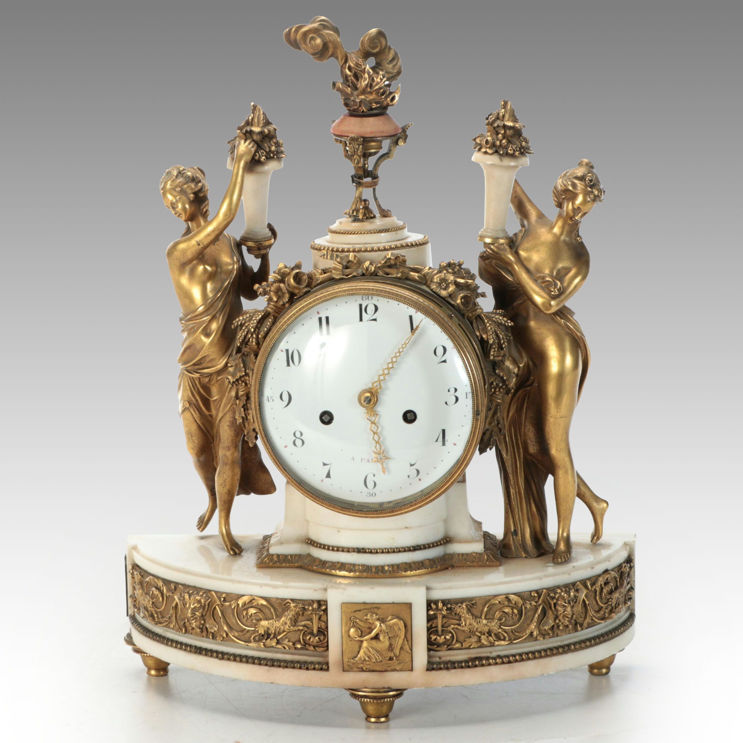 Louis Philippe Style Gilt Metal and Marble Figural Table Clock