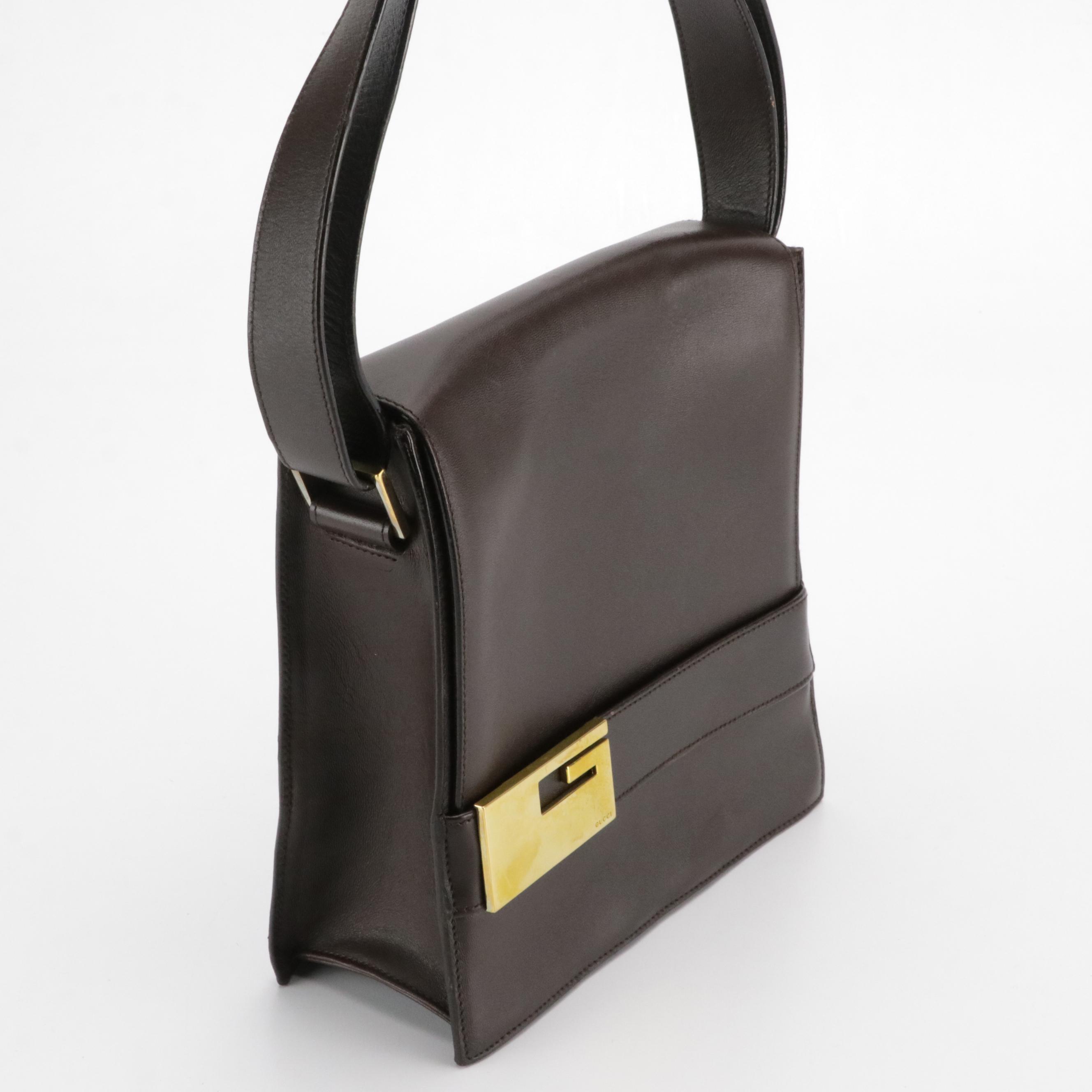 Gucci Single G Tuck Flap Shoulder Bag in Dark Brown Calfskin Leather