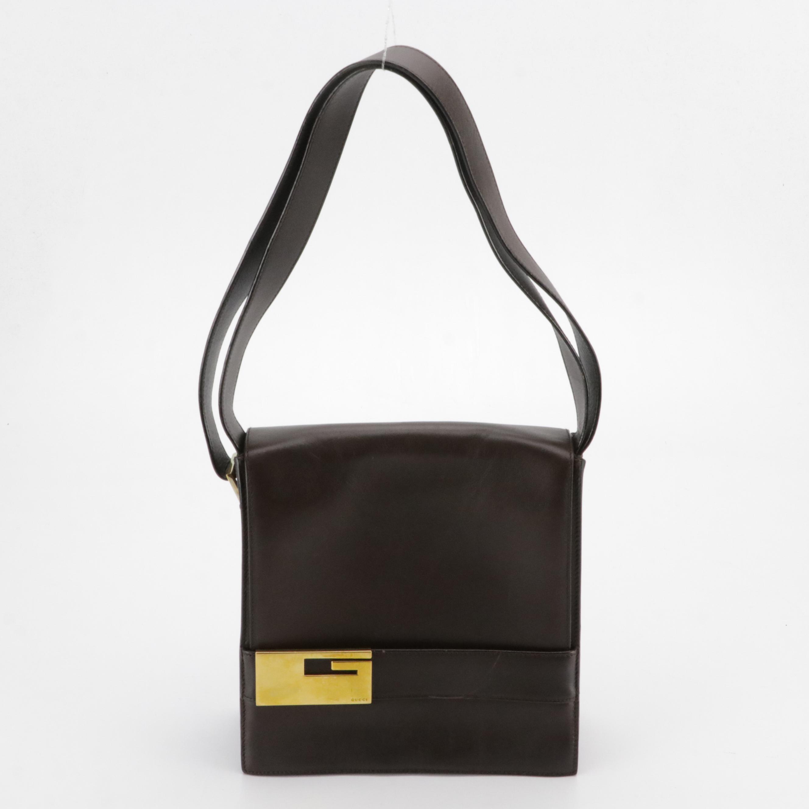 Gucci Single G Tuck Flap Shoulder Bag in Dark Brown Calfskin Leather