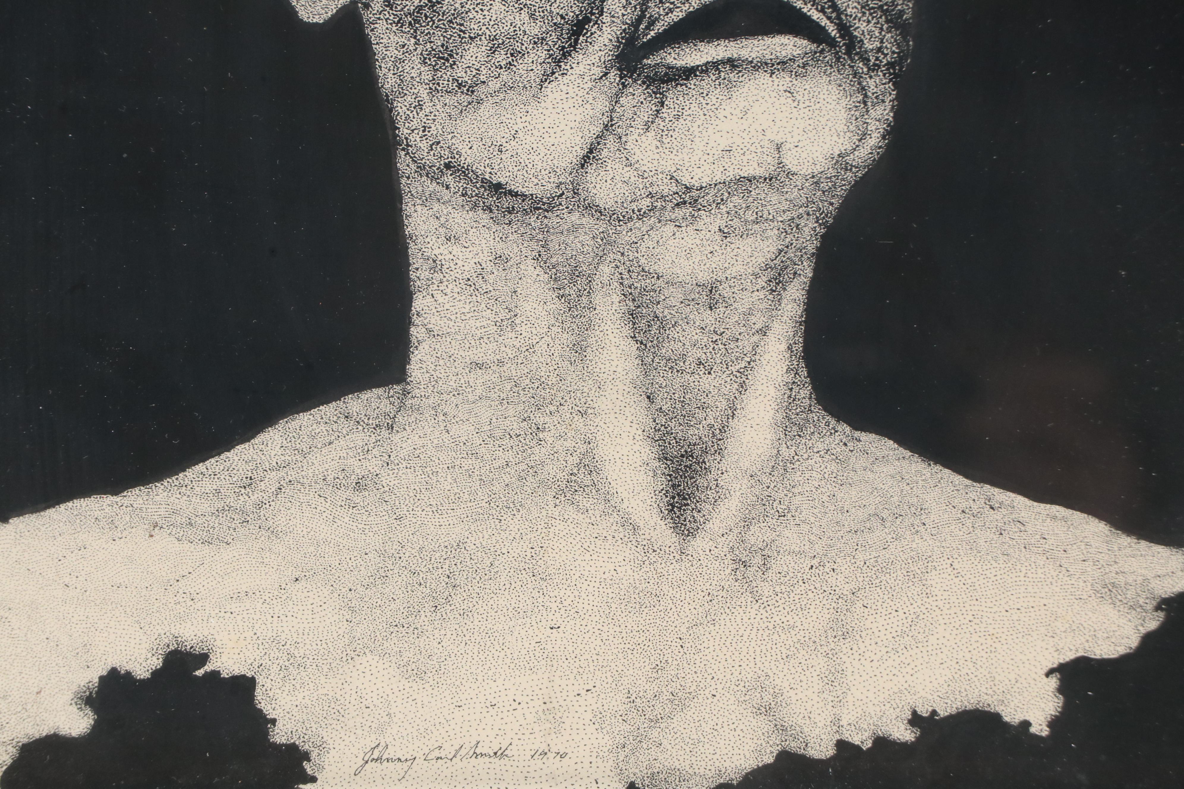 Johnny Carl Smith Stippled Ink Portrait of Man without Eyes, 1970