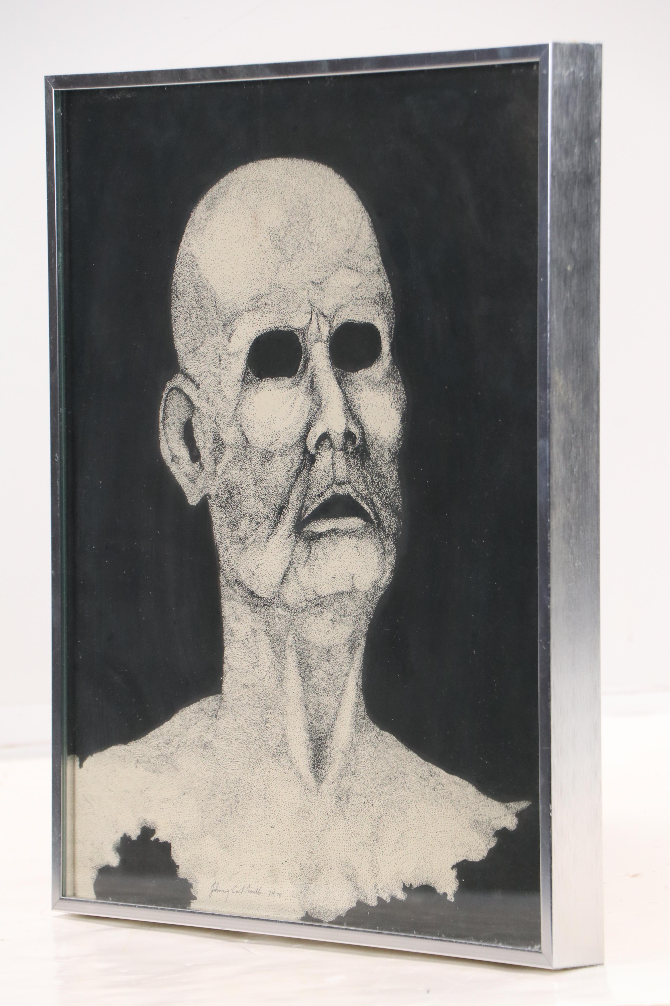 Johnny Carl Smith Stippled Ink Portrait of Man without Eyes, 1970