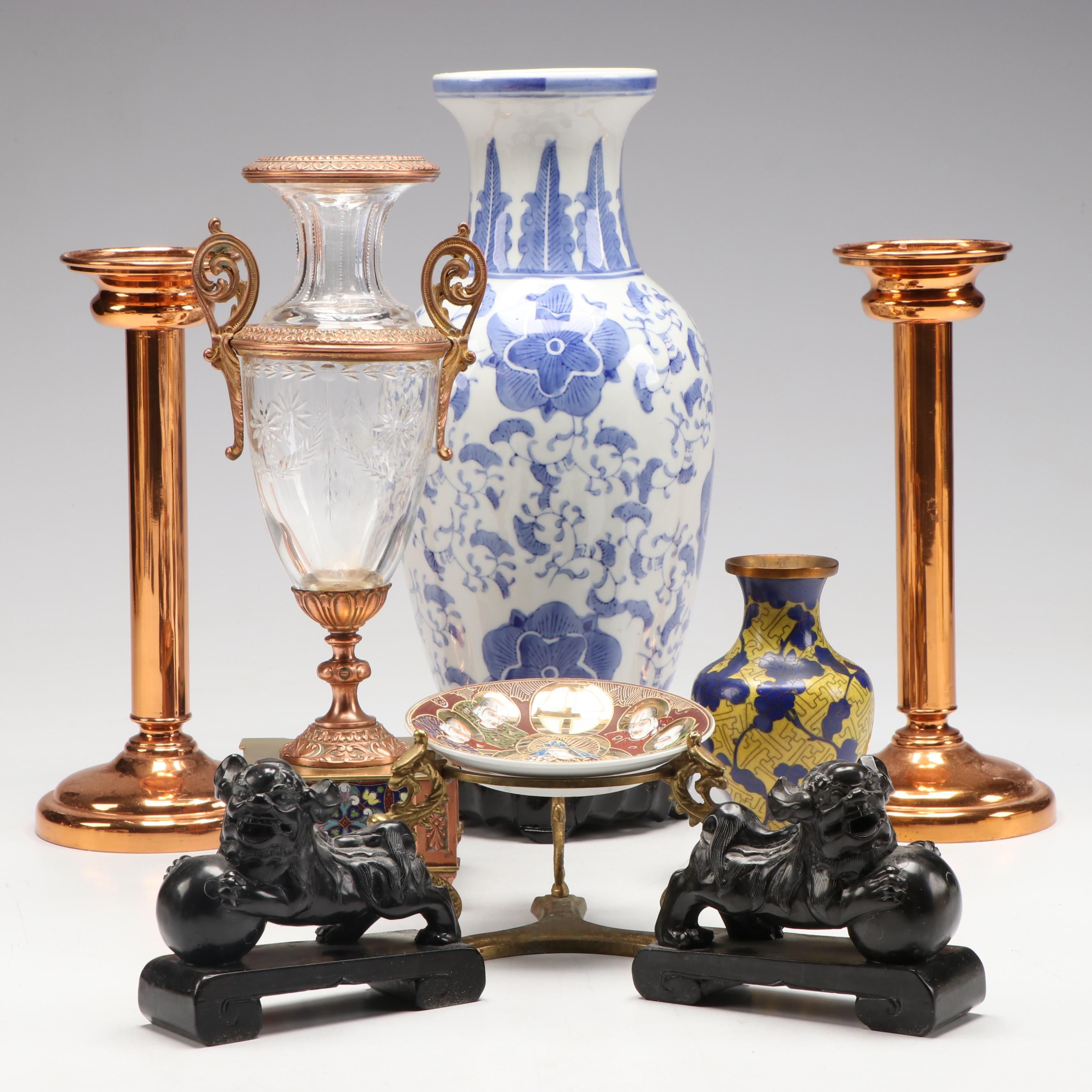 Neoclassical Style Copper Vase and Candlesticks with Other East Asian Décor