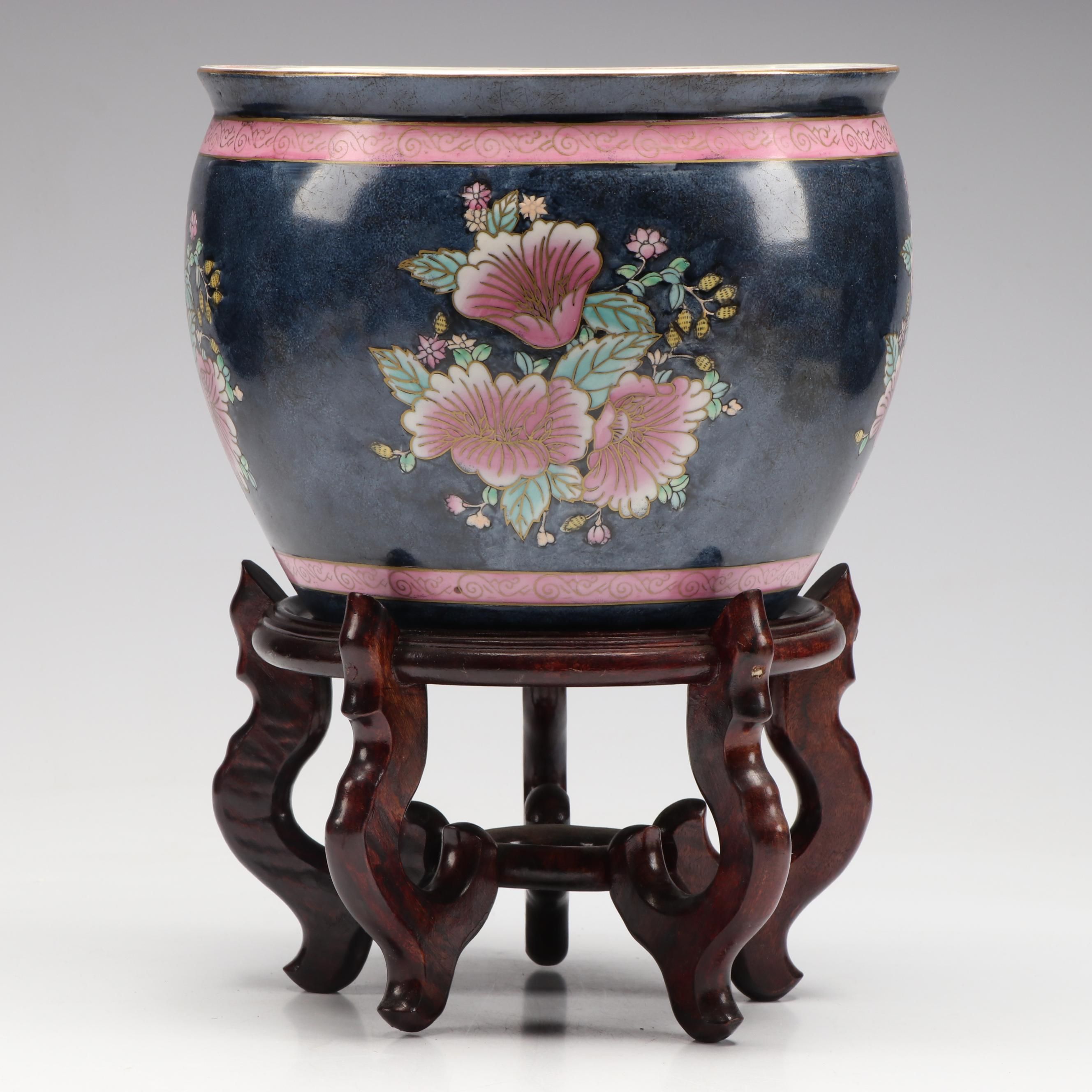 Wei Chinese Famille Rose Porcelain Fishbowl Planter on Wood Base