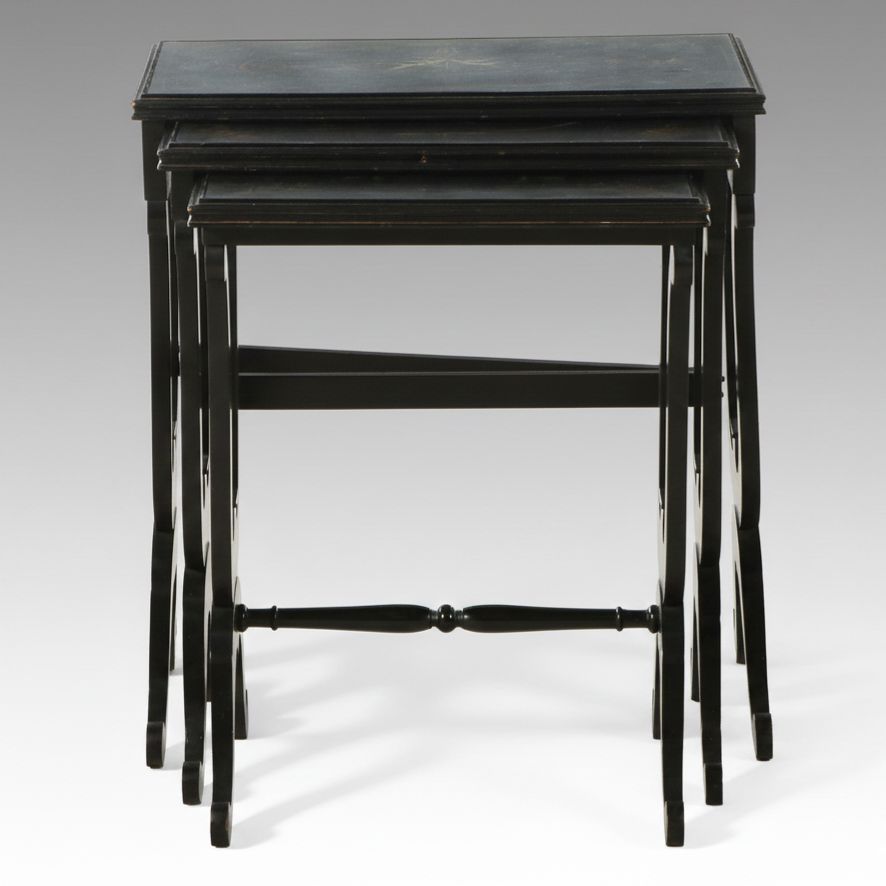 Neoclassical Style Paint-Decorated Wood Nesting Tables with Inset Glass Tops