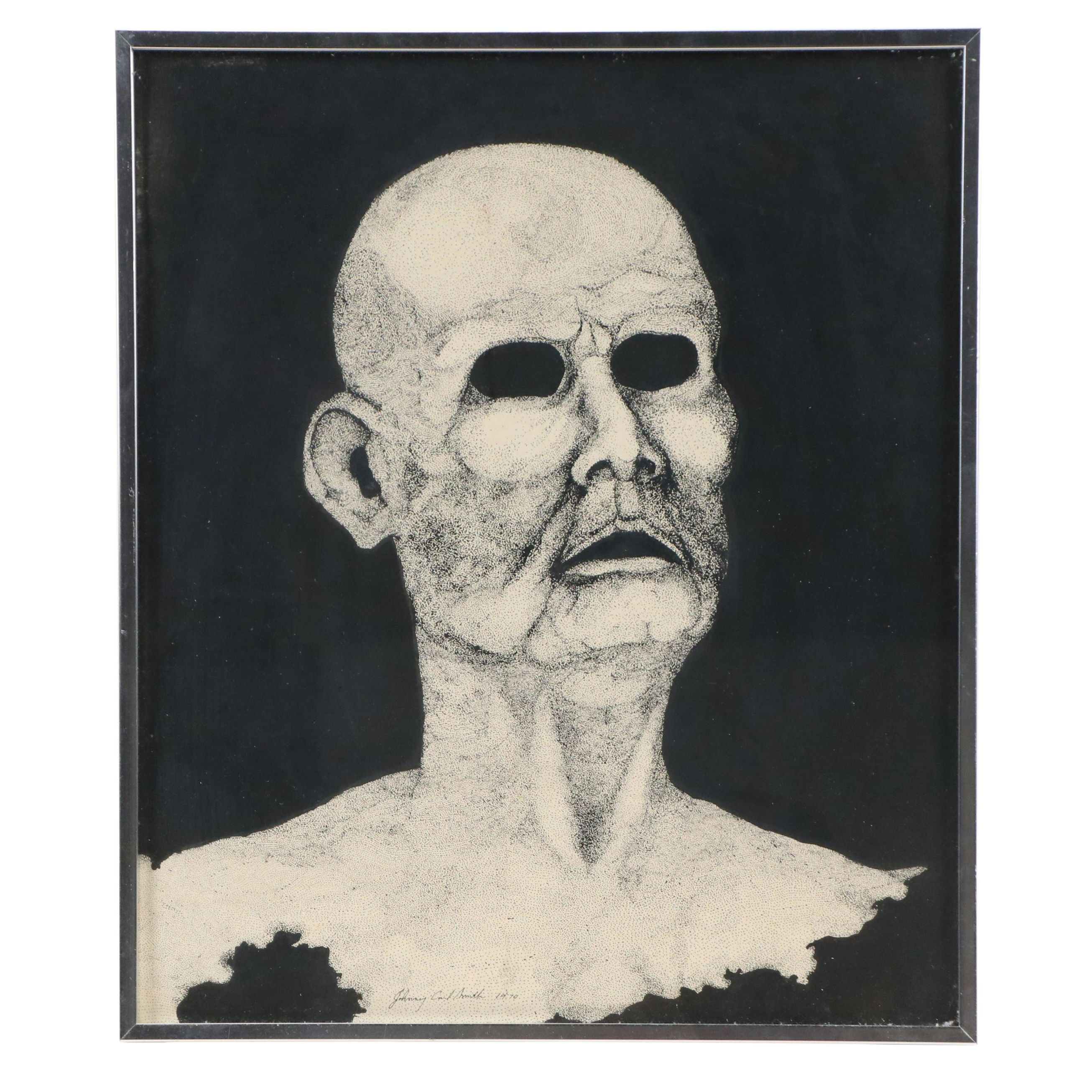 Johnny Carl Smith Stippled Ink Portrait of Man without Eyes, 1970