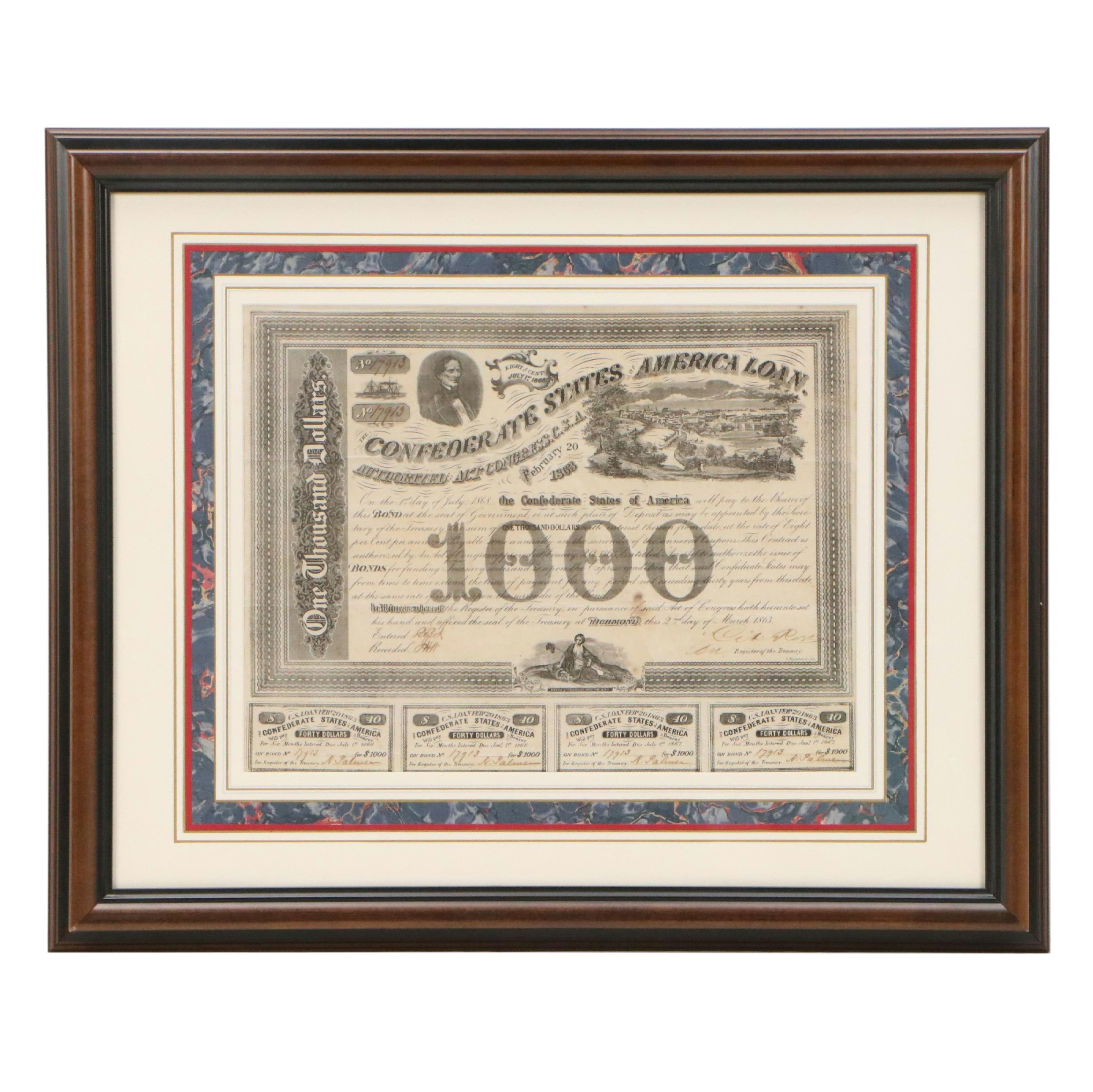1868 Confederate States of America $1,000 Bond Certificate With Coupons