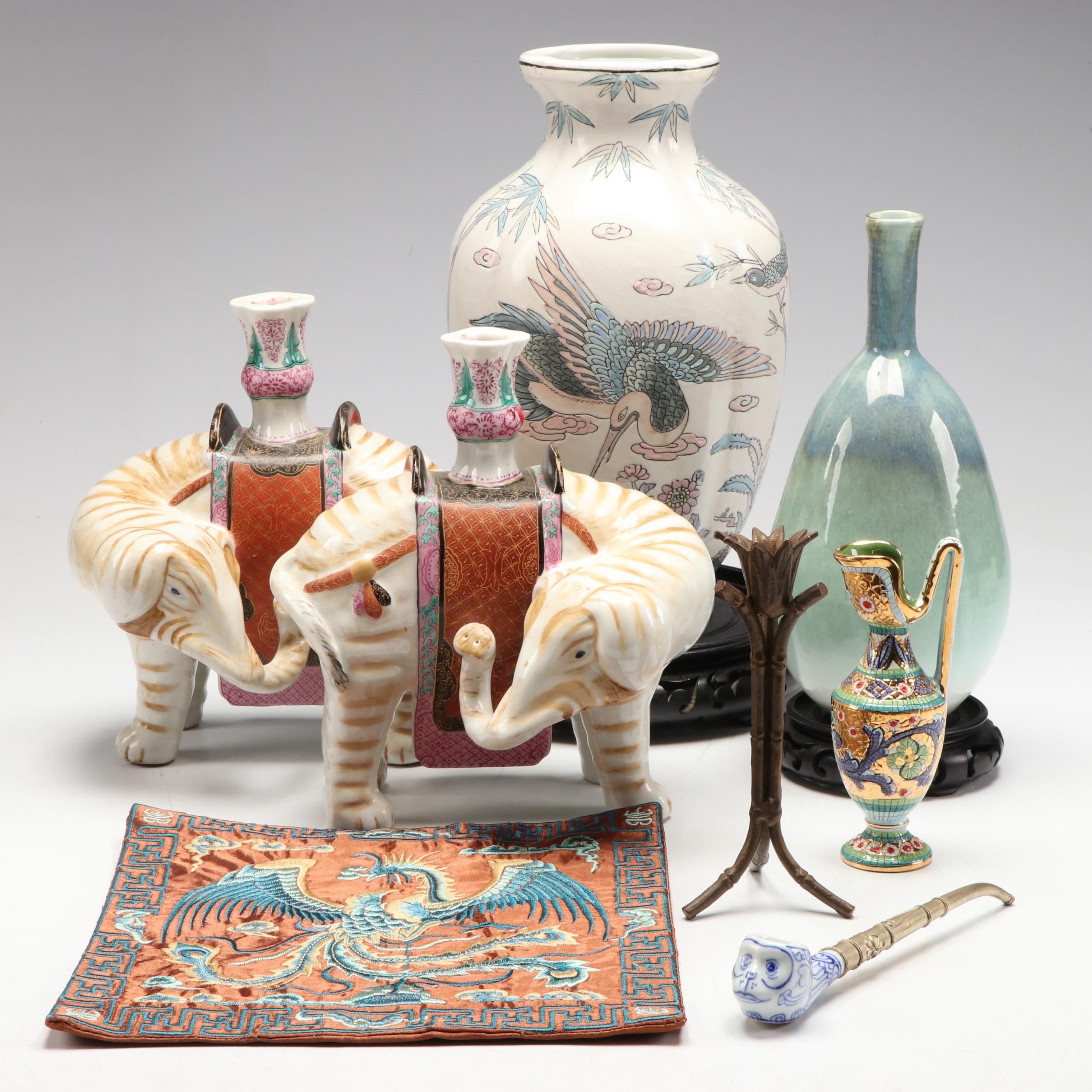 Chinese Porcelain Vase with Embroidered Silk Phoenix and Other Décor