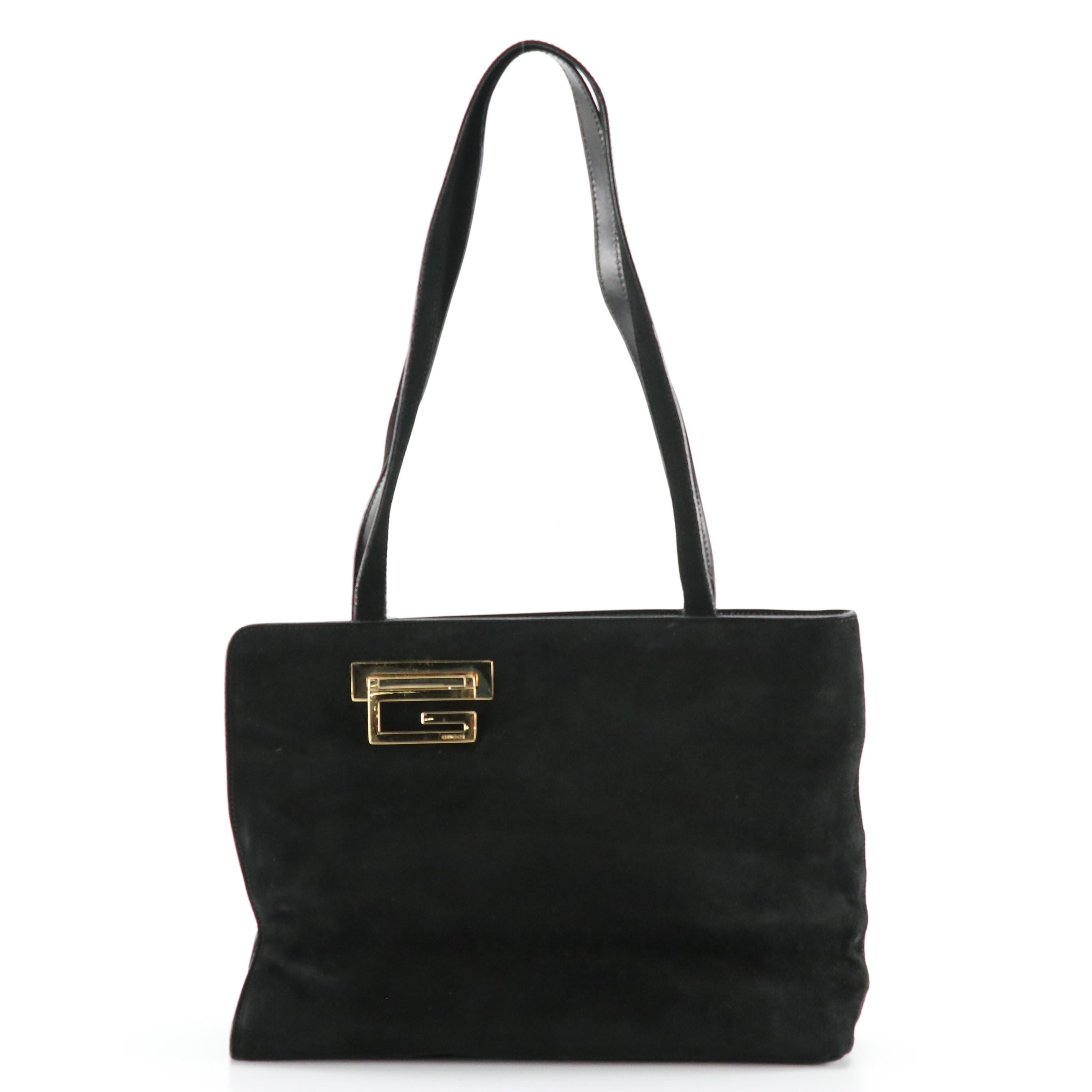 Gucci Single G Shoulder Bag in Black Suede with Leather Trim