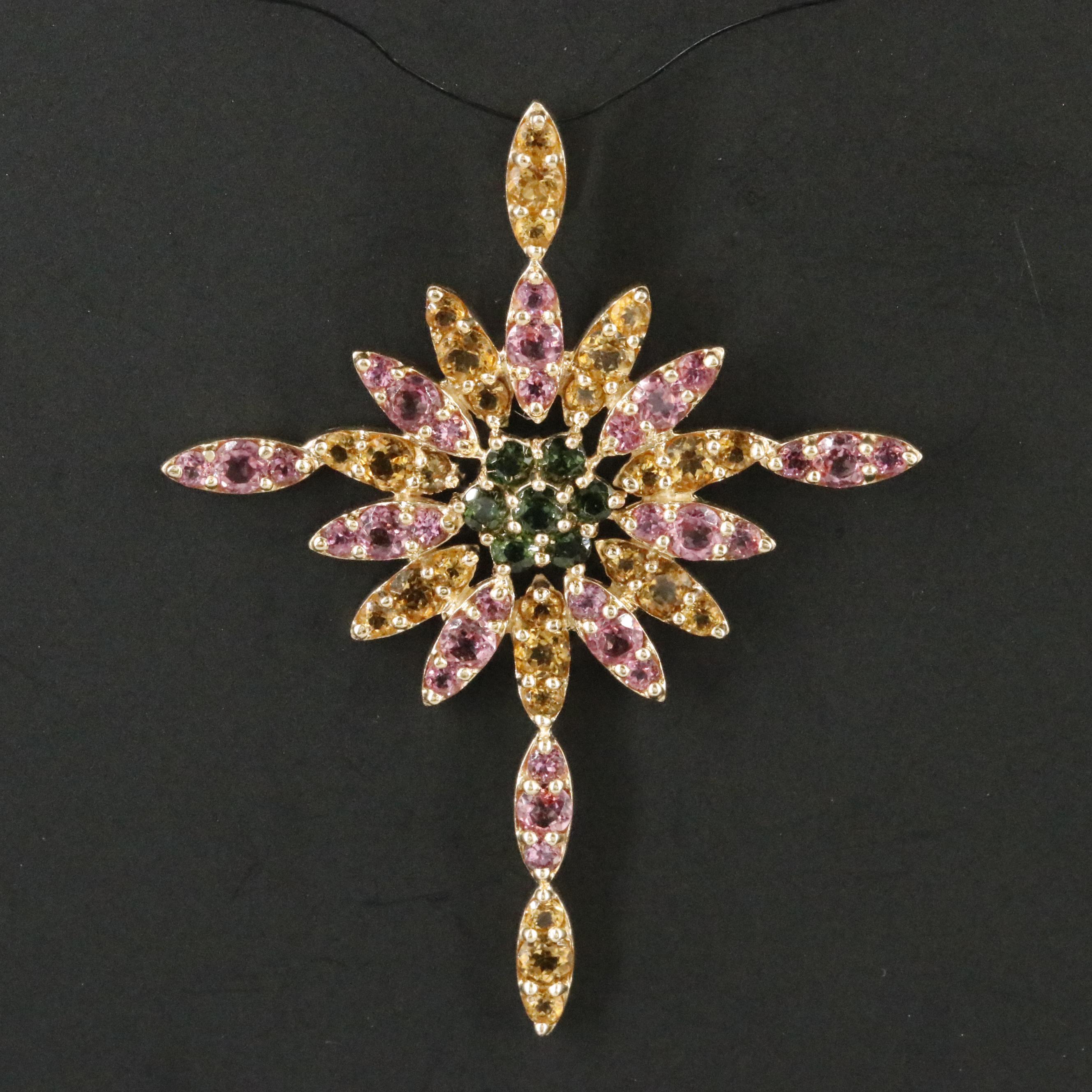14K Pink Tourmaline, Citrine and Chrome Diopside Cross Pendant