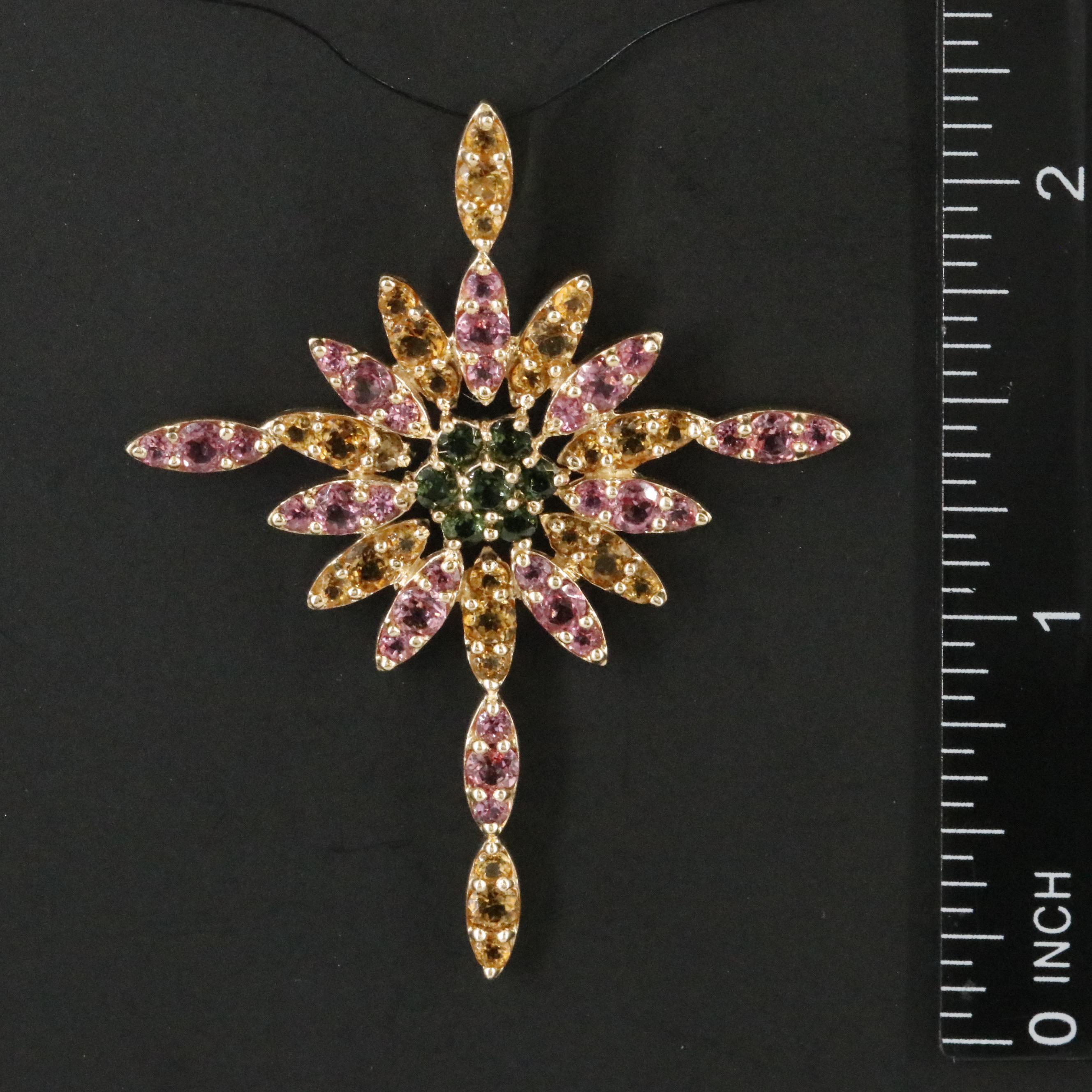 14K Pink Tourmaline, Citrine and Chrome Diopside Cross Pendant