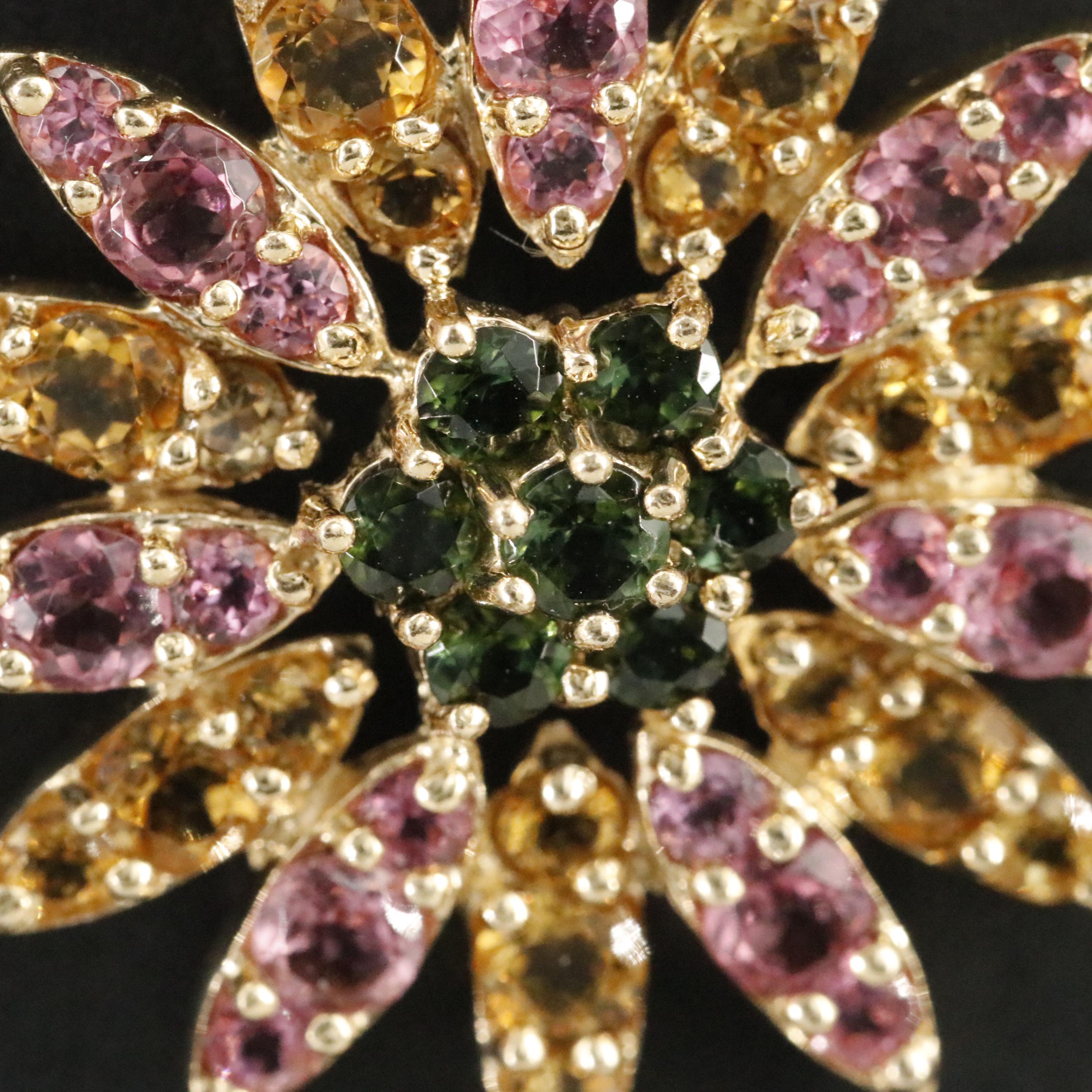 14K Pink Tourmaline, Citrine and Chrome Diopside Cross Pendant
