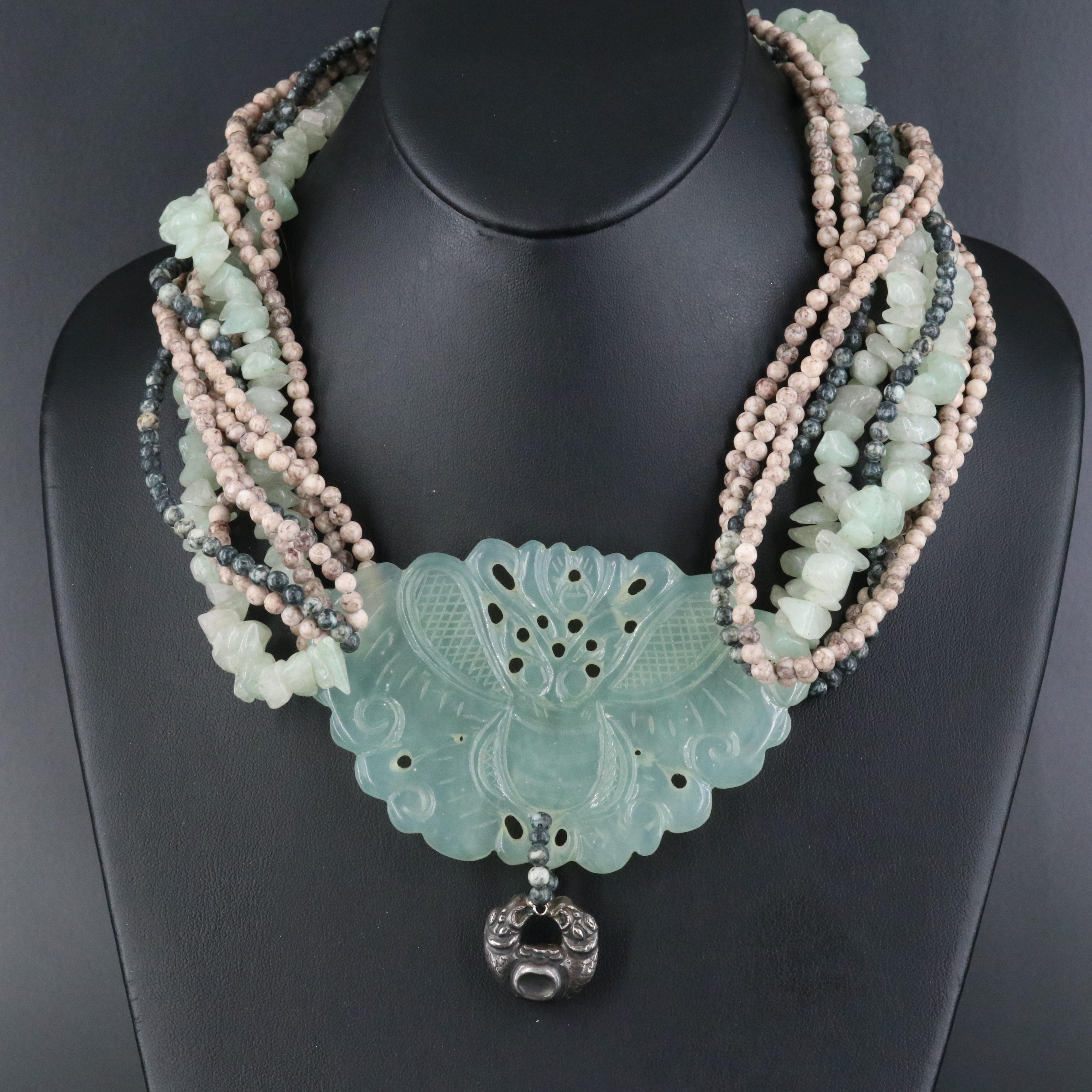 Serpentine, Jasper and Quartz Necklace with Sterling Charm