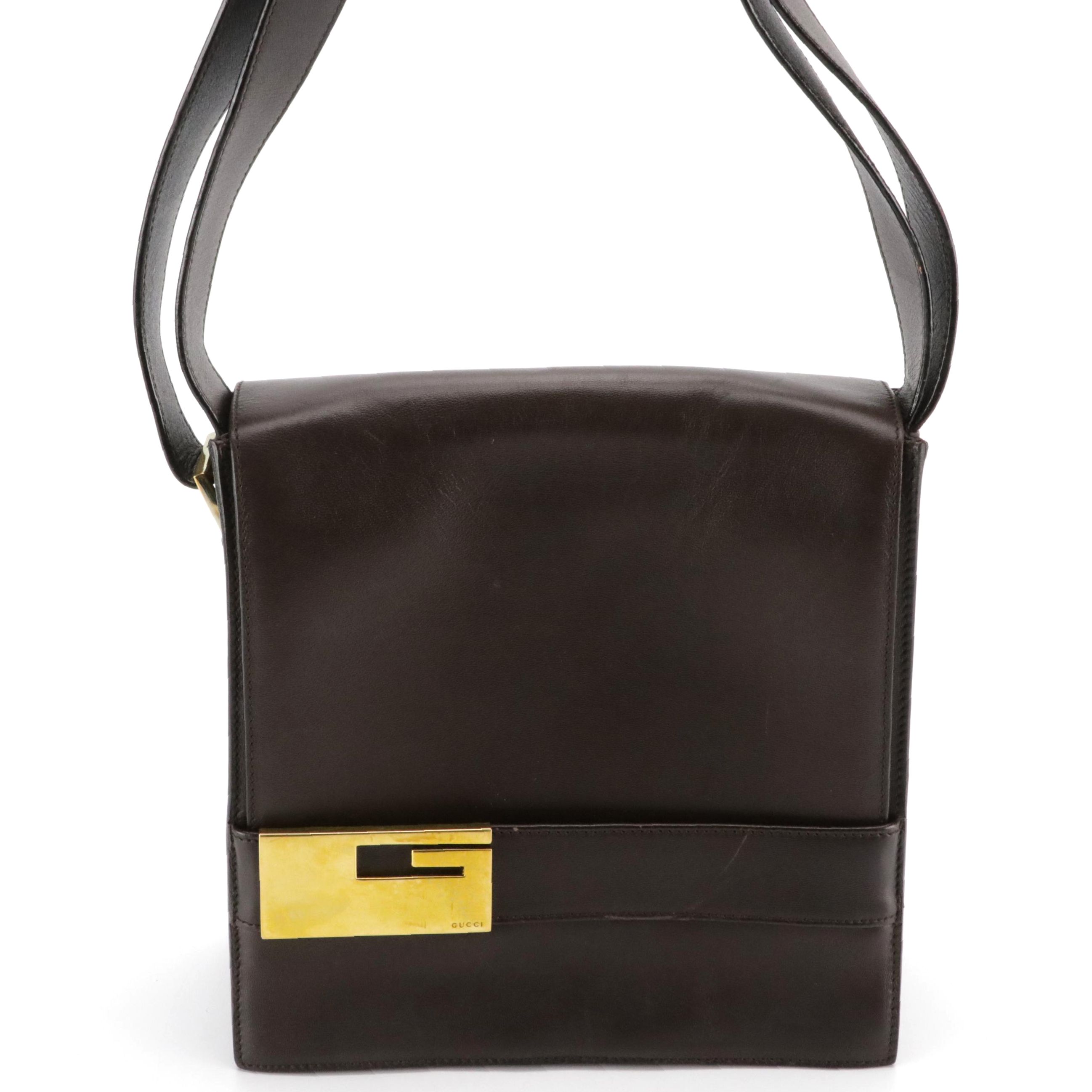 Gucci Single G Tuck Flap Shoulder Bag in Dark Brown Calfskin Leather