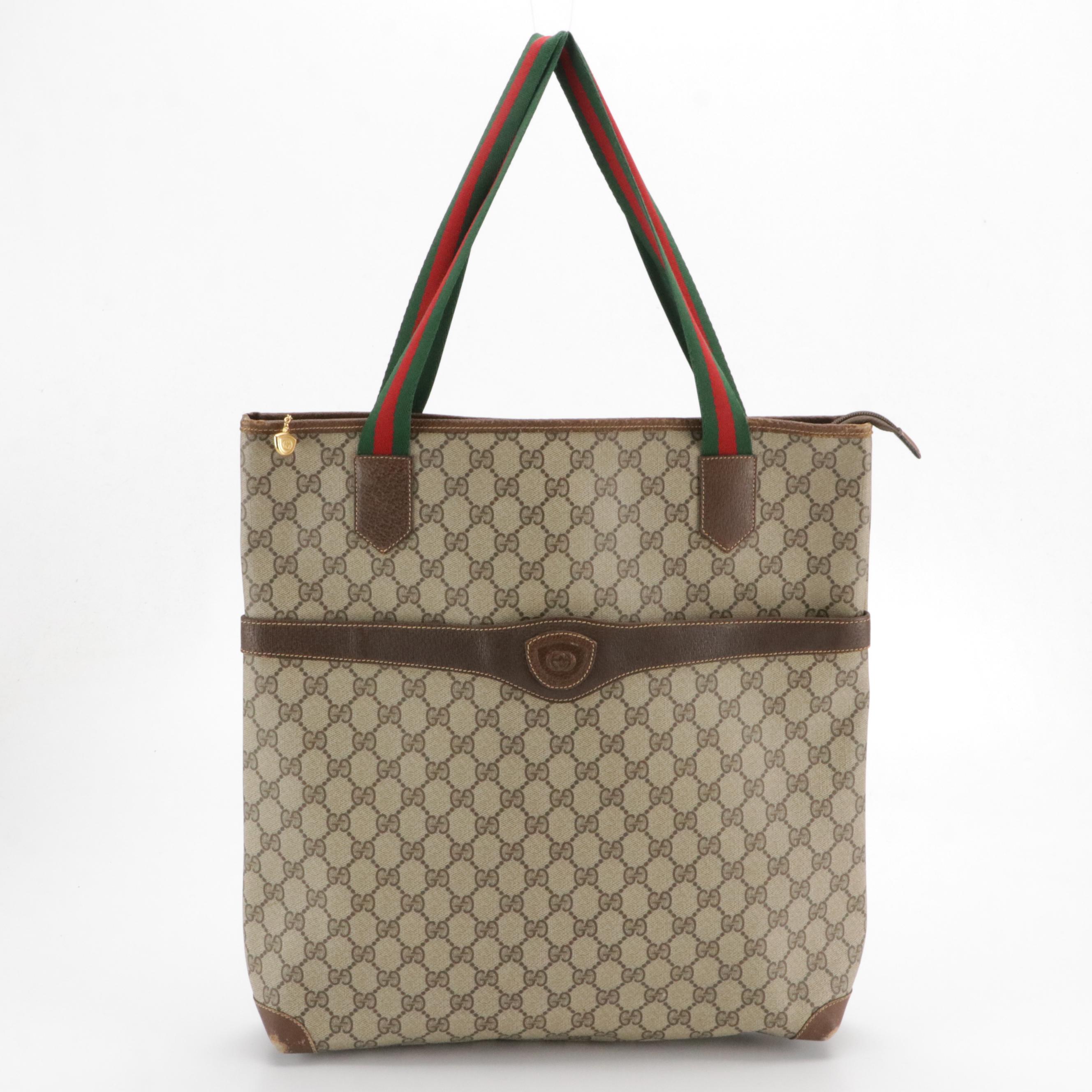 Gucci Large Zip Tote in GG Supreme Canvas, Brown Leather and Web Straps