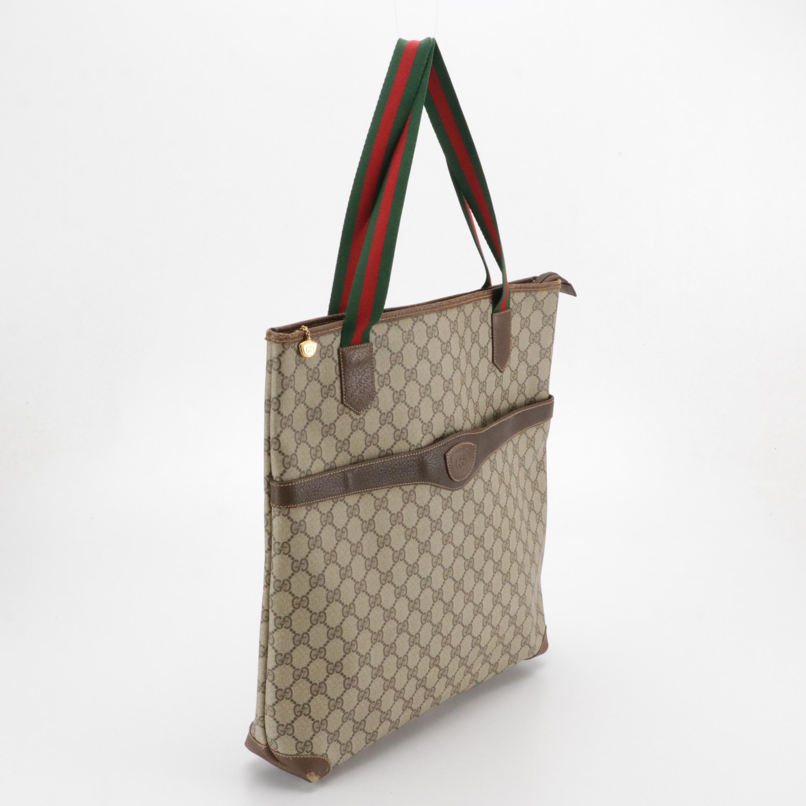 Gucci Large Zip Tote in GG Supreme Canvas, Brown Leather and Web Straps