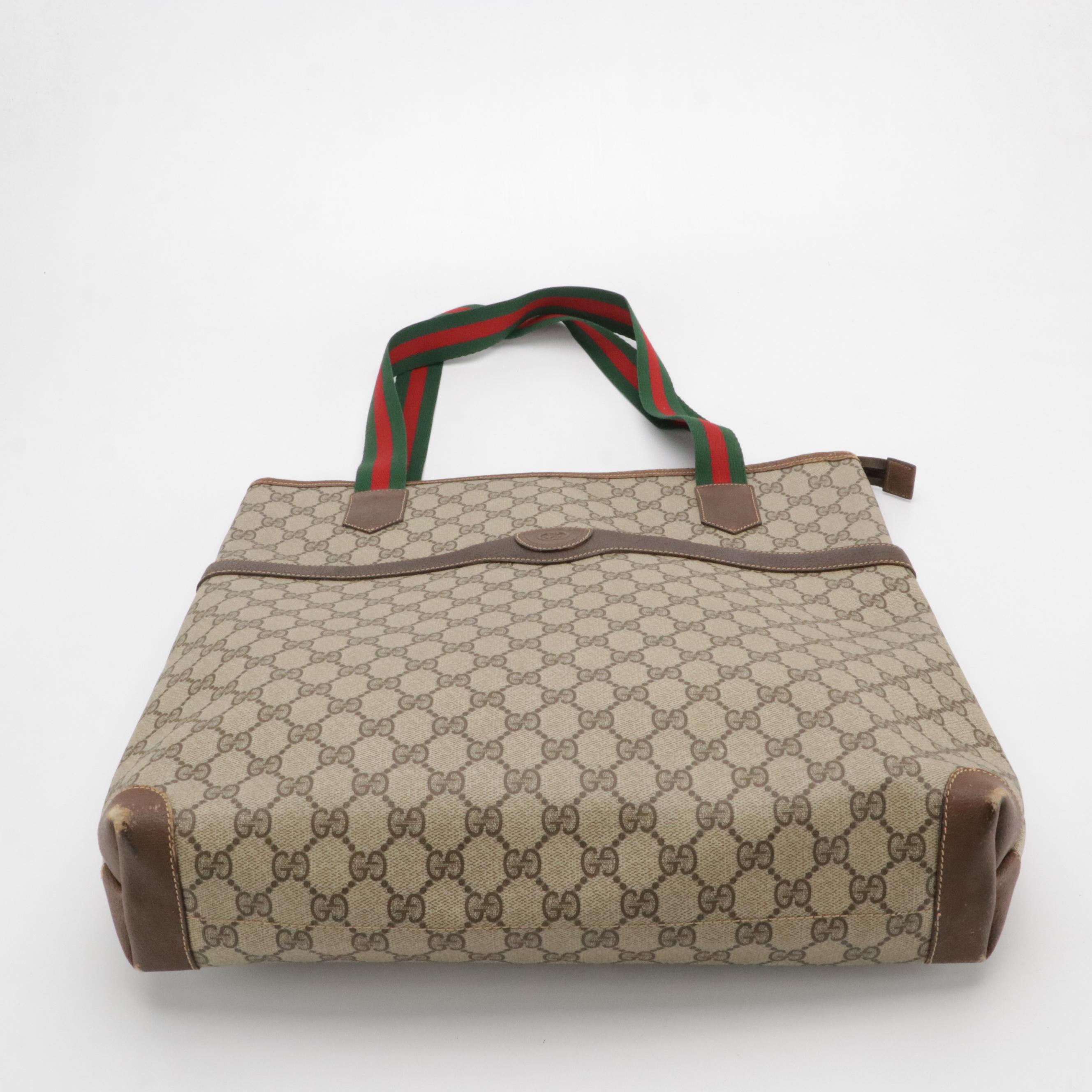 Gucci Large Zip Tote in GG Supreme Canvas, Brown Leather and Web Straps