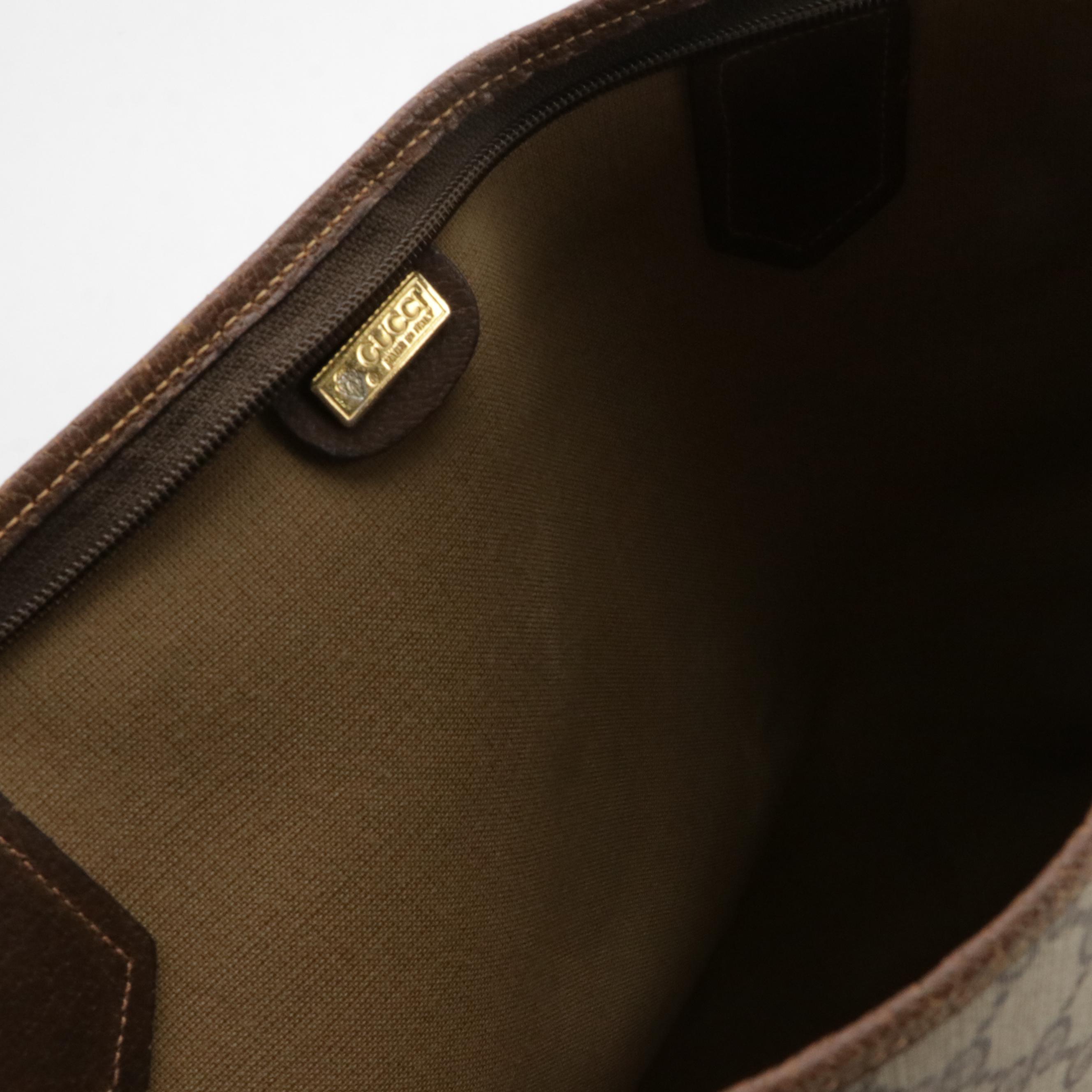 Gucci Large Zip Tote in GG Supreme Canvas, Brown Leather and Web Straps