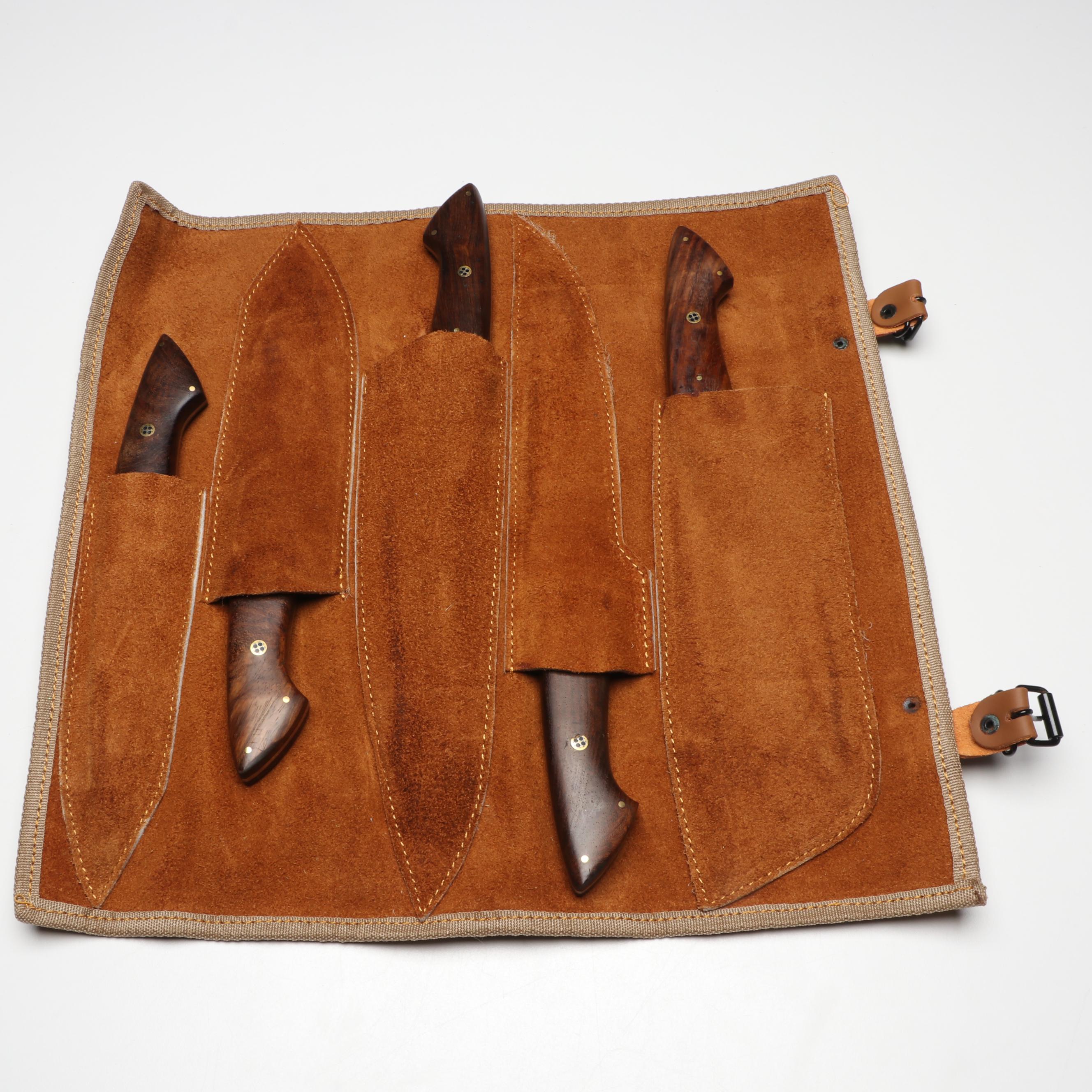 Damascus Steel and Wooden Handled Chef's Knife Set in Suede Leather Roll