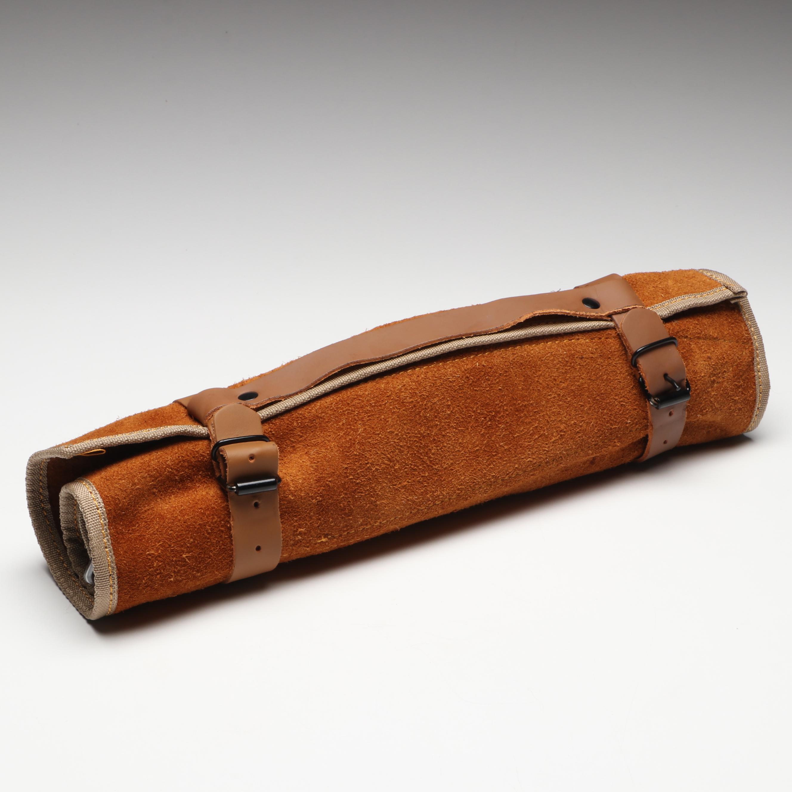 Damascus Steel and Wooden Handled Chef's Knife Set in Suede Leather Roll