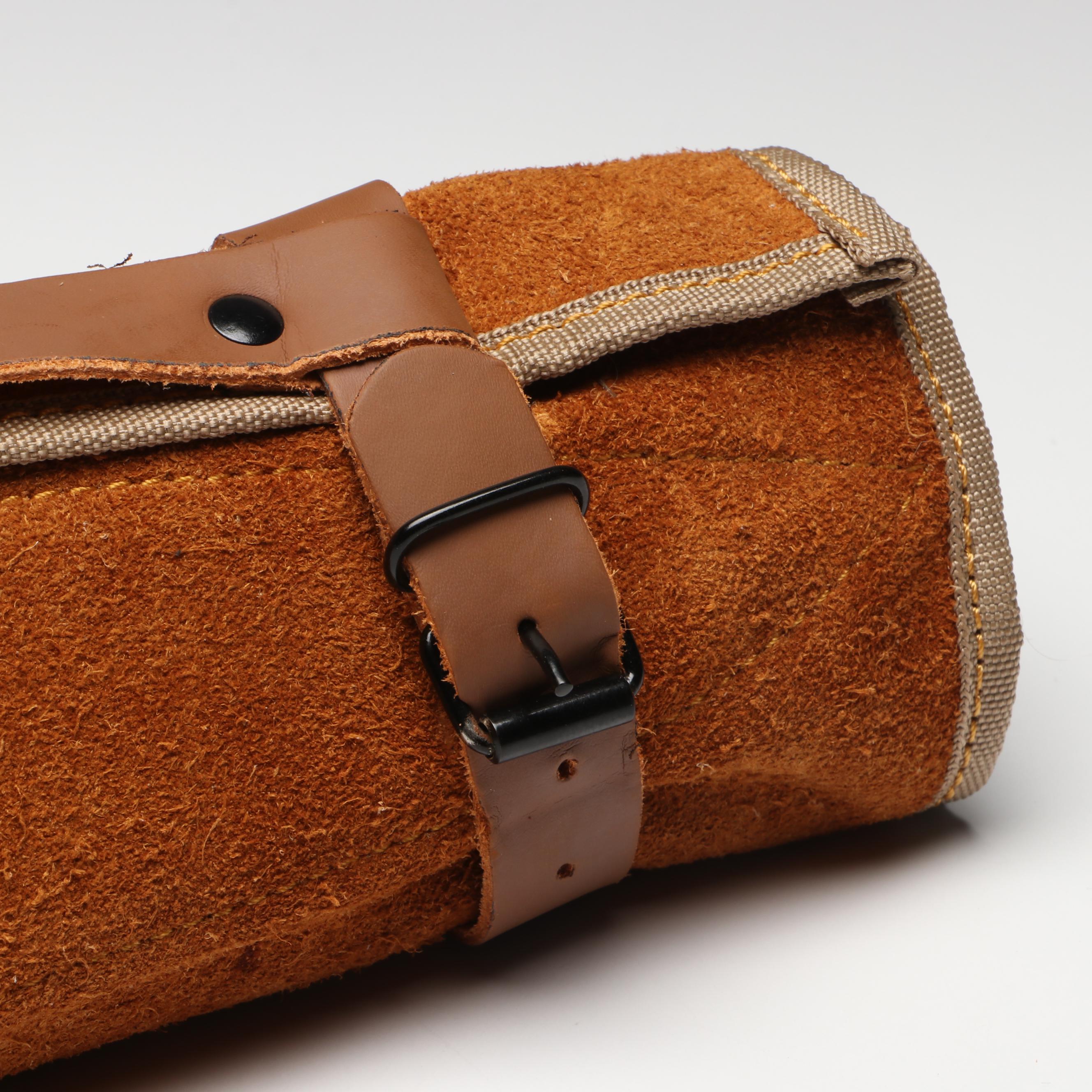 Damascus Steel and Wooden Handled Chef's Knife Set in Suede Leather Roll