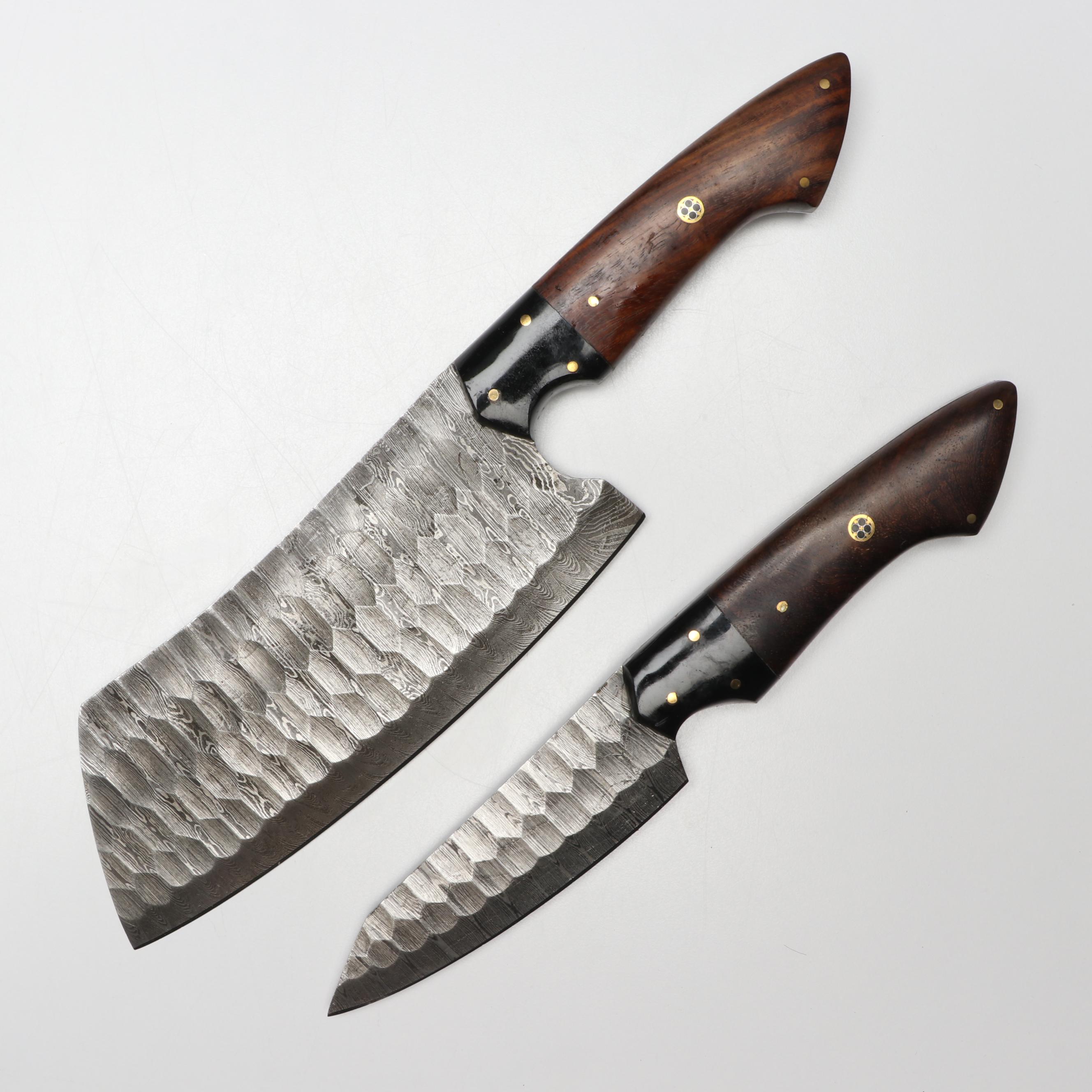 Damascus Steel and Wooden Handled Chef's Knife Set in Suede Leather Roll