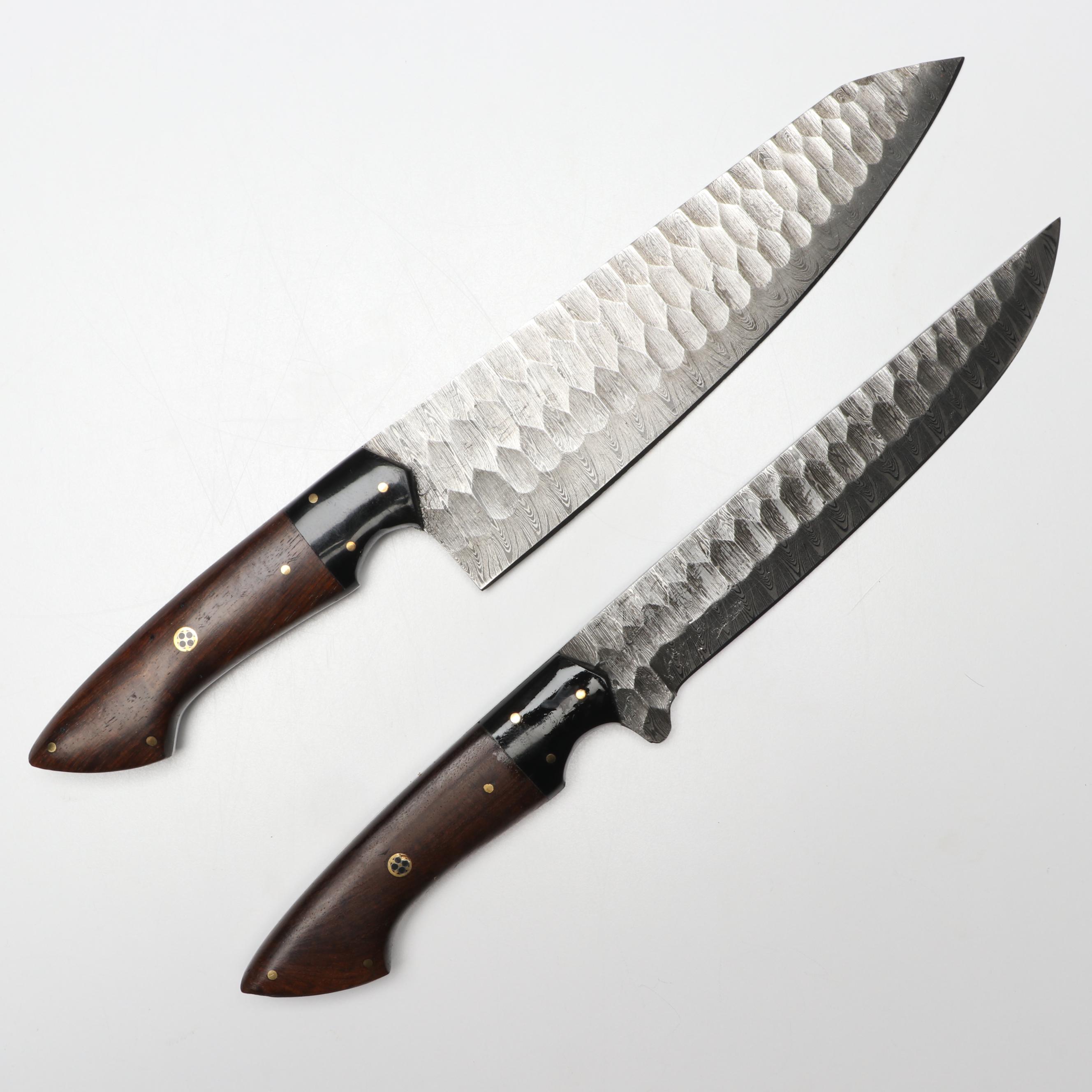 Damascus Steel and Wooden Handled Chef's Knife Set in Suede Leather Roll