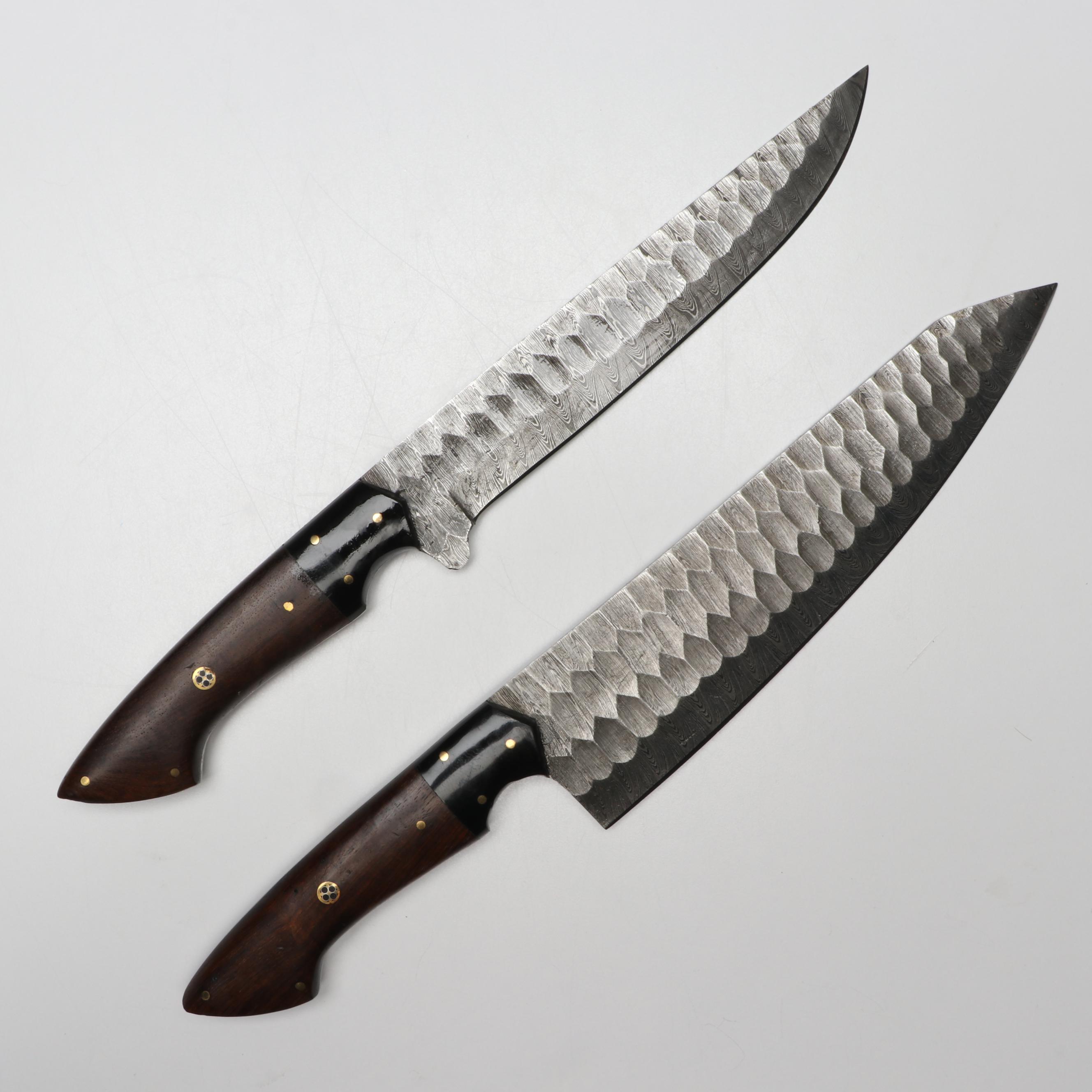 Damascus Steel and Wooden Handled Chef's Knife Set in Suede Leather Roll