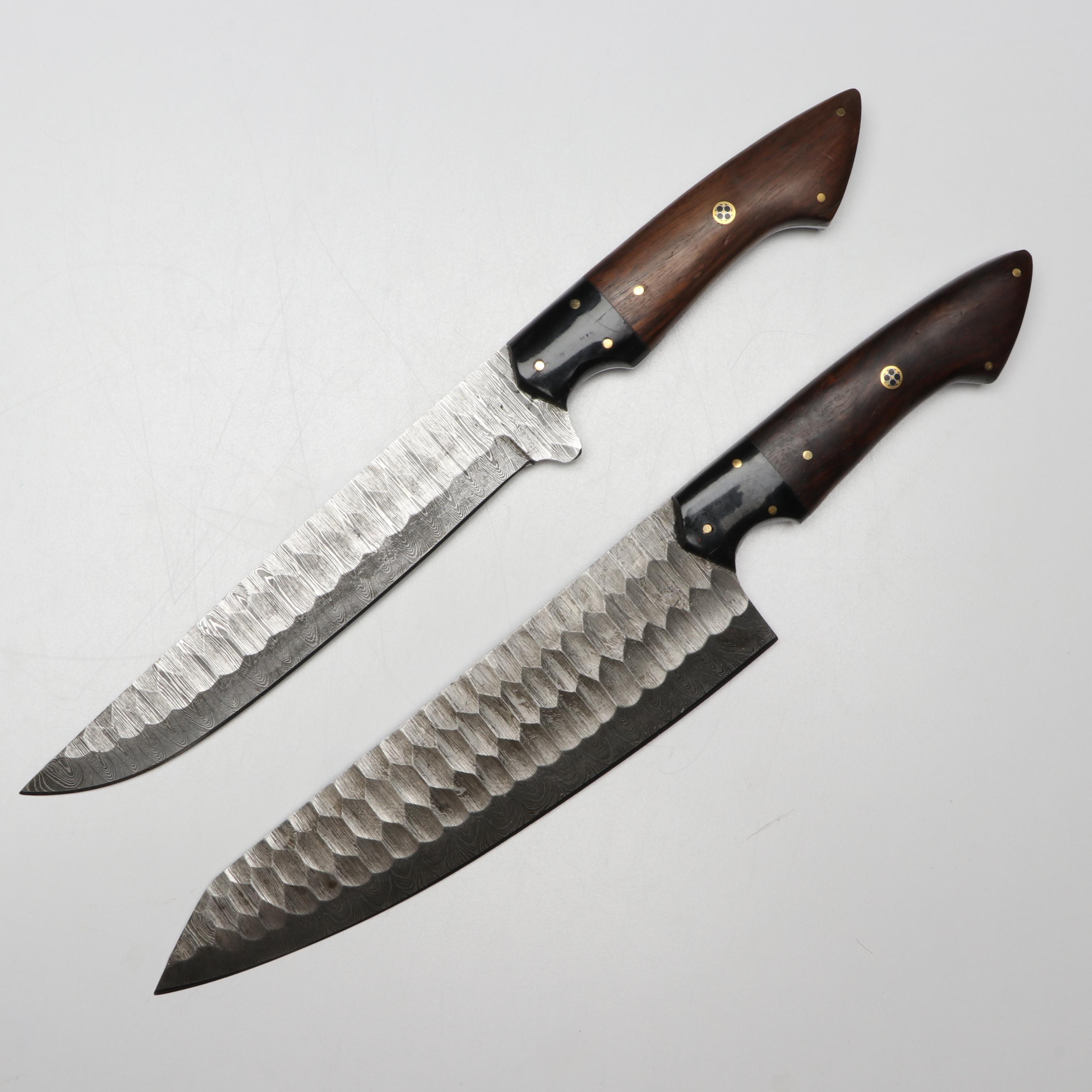Damascus Steel and Wooden Handled Chef's Knife Set in Suede Leather Roll