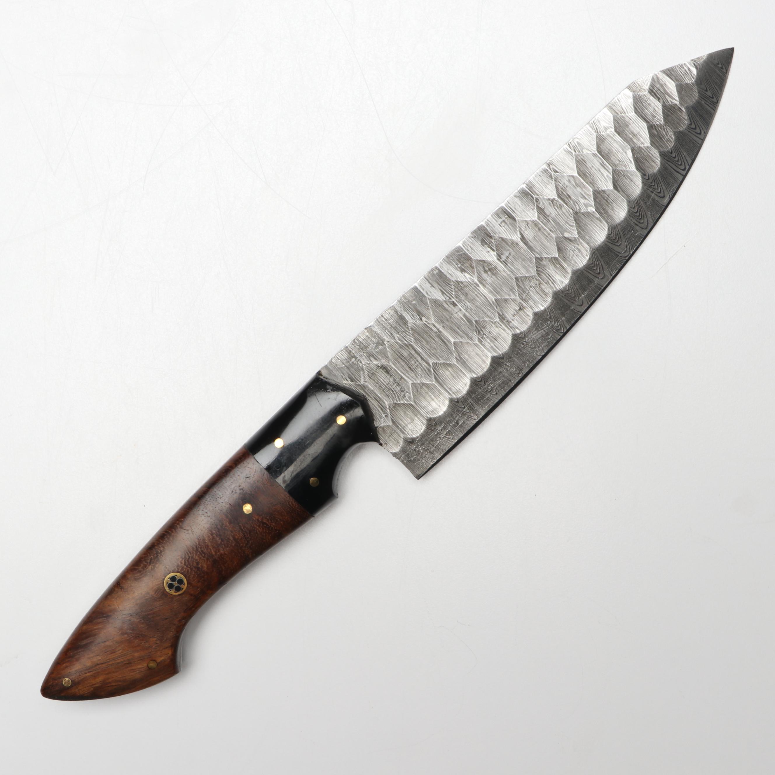 Damascus Steel and Wooden Handled Chef's Knife Set in Suede Leather Roll