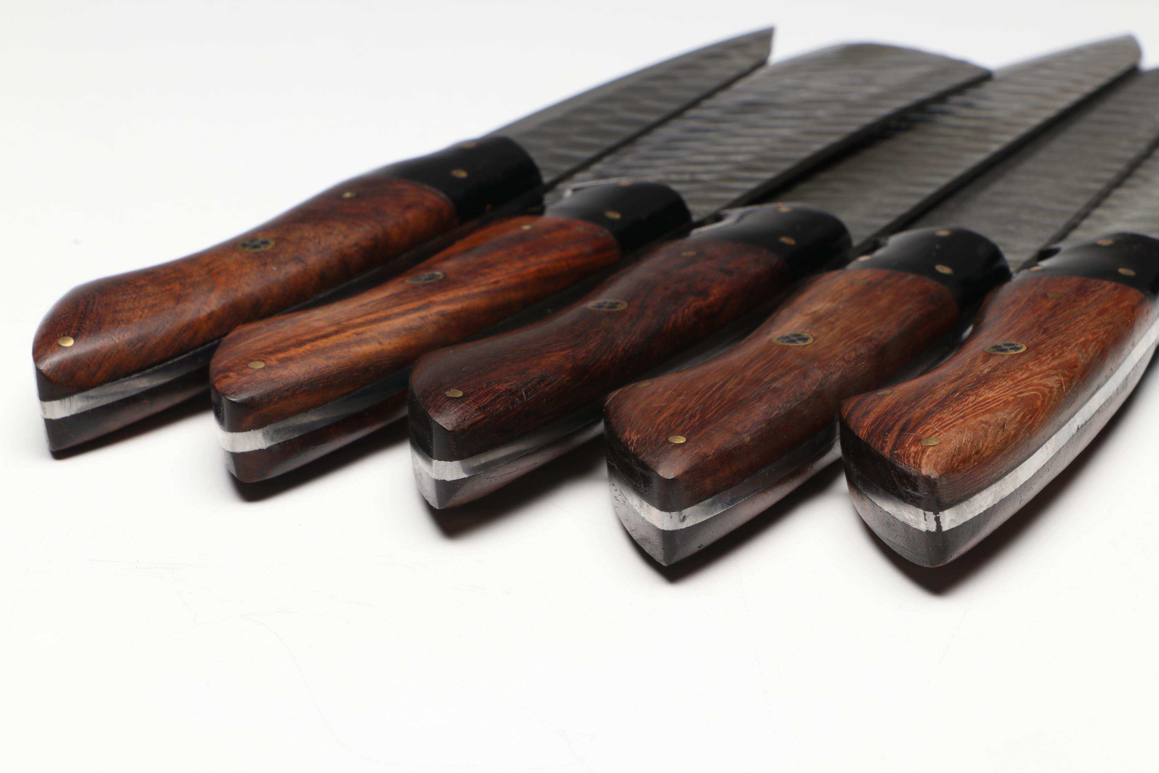 Damascus Steel and Wooden Handled Chef's Knife Set in Suede Leather Roll