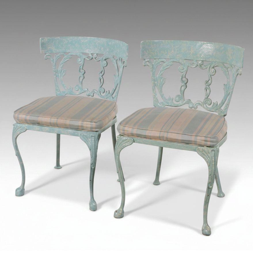 Pair of Blue Painted Cast Aluminum Side Chairs, Mid-20th Century