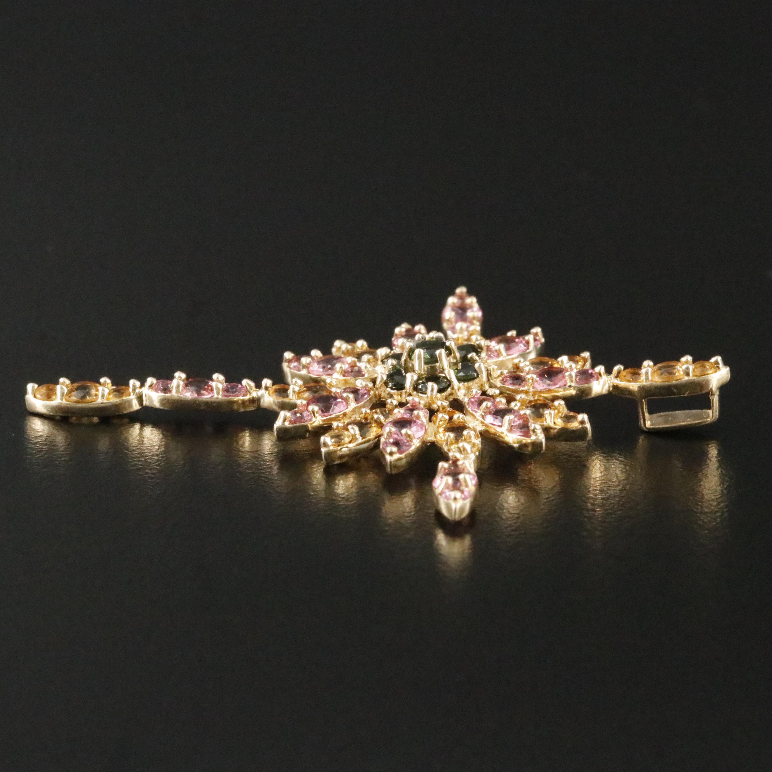 14K Pink Tourmaline, Citrine and Chrome Diopside Cross Pendant