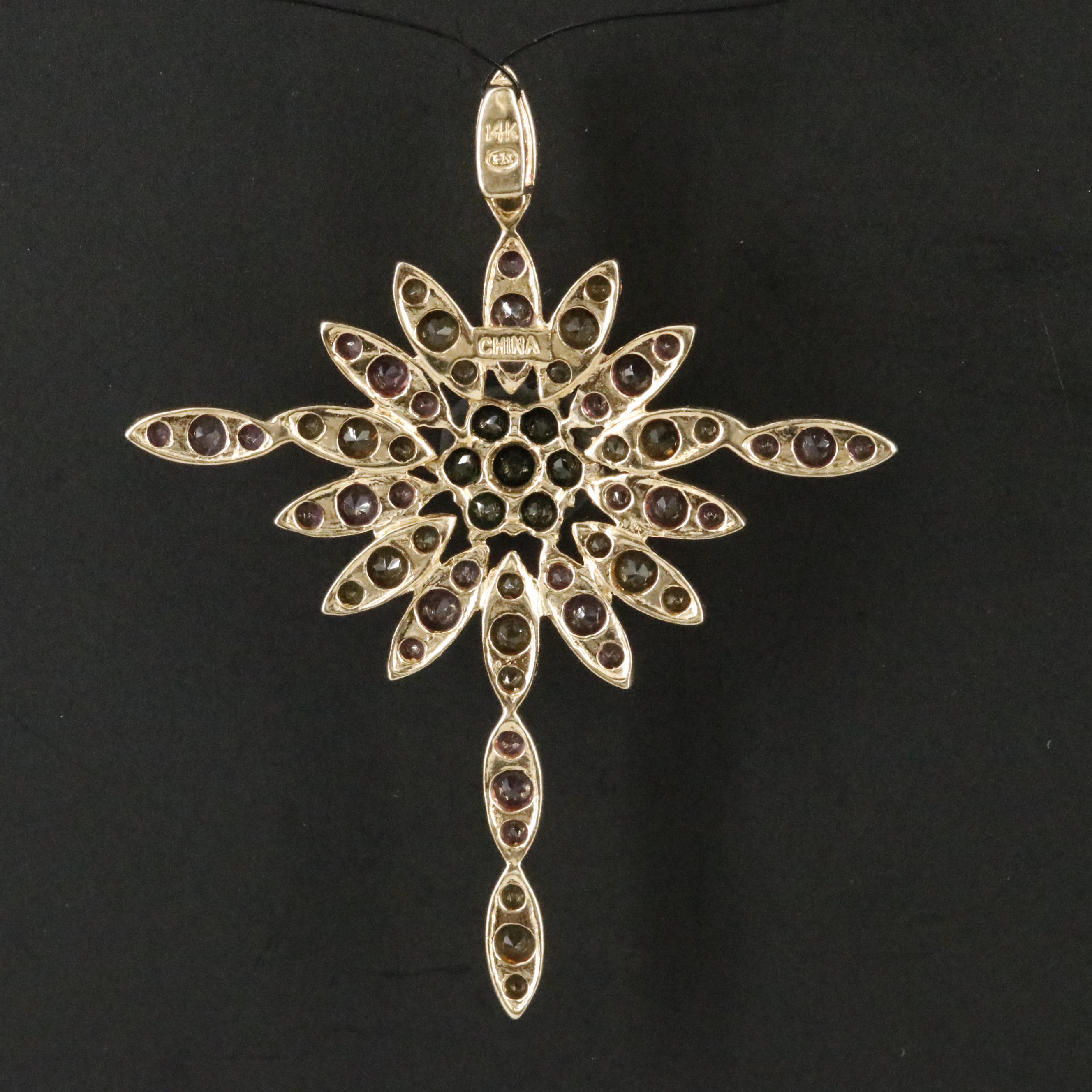 14K Pink Tourmaline, Citrine and Chrome Diopside Cross Pendant