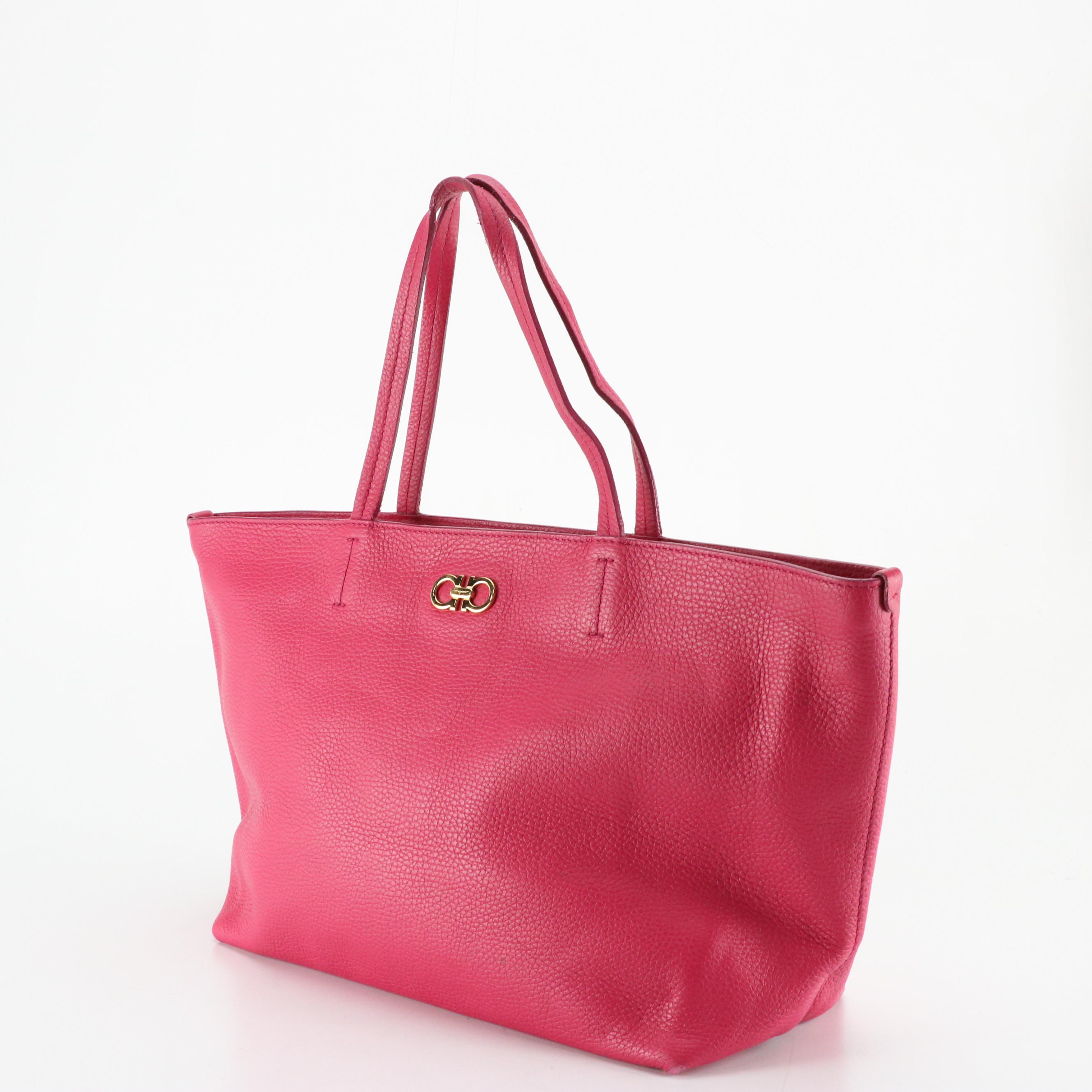 Salvatore Ferragamo Gancini Shoulder Tote in Hot Pink Grained Calfskin Leather